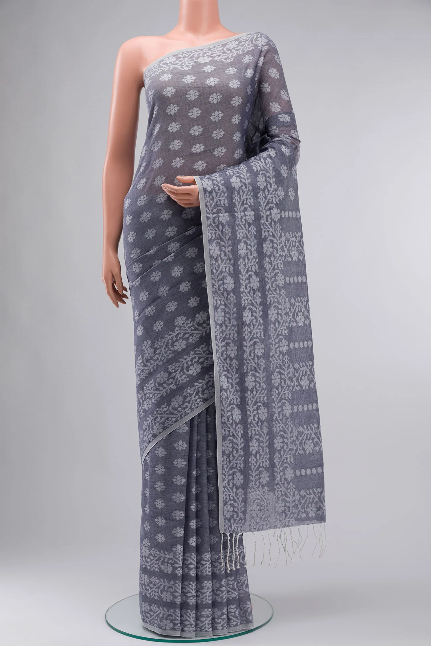 Mrinal-Greyish Blue Bengal Cotton Saree