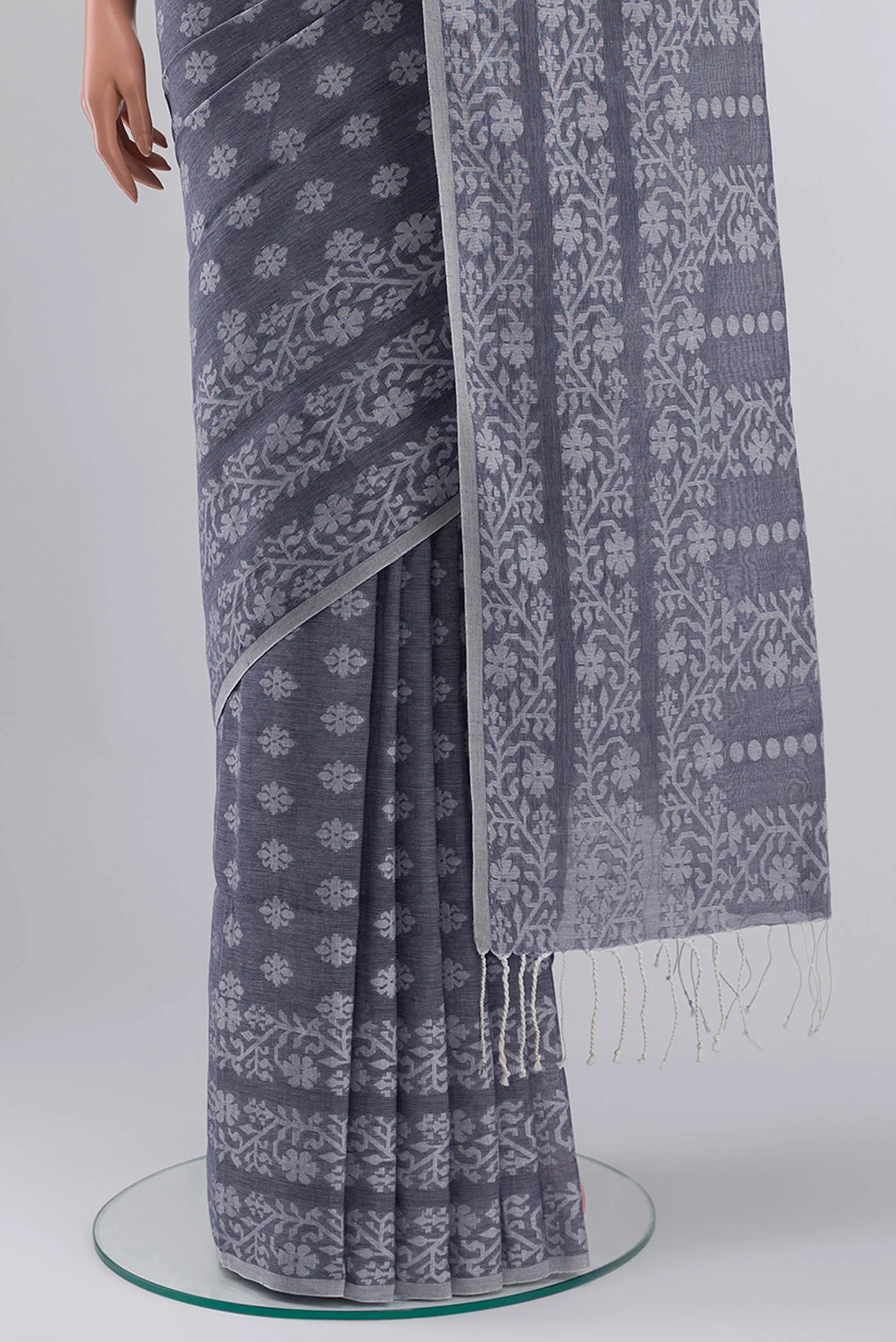 Mrinal-Greyish Blue Bengal Cotton Saree - Image 6