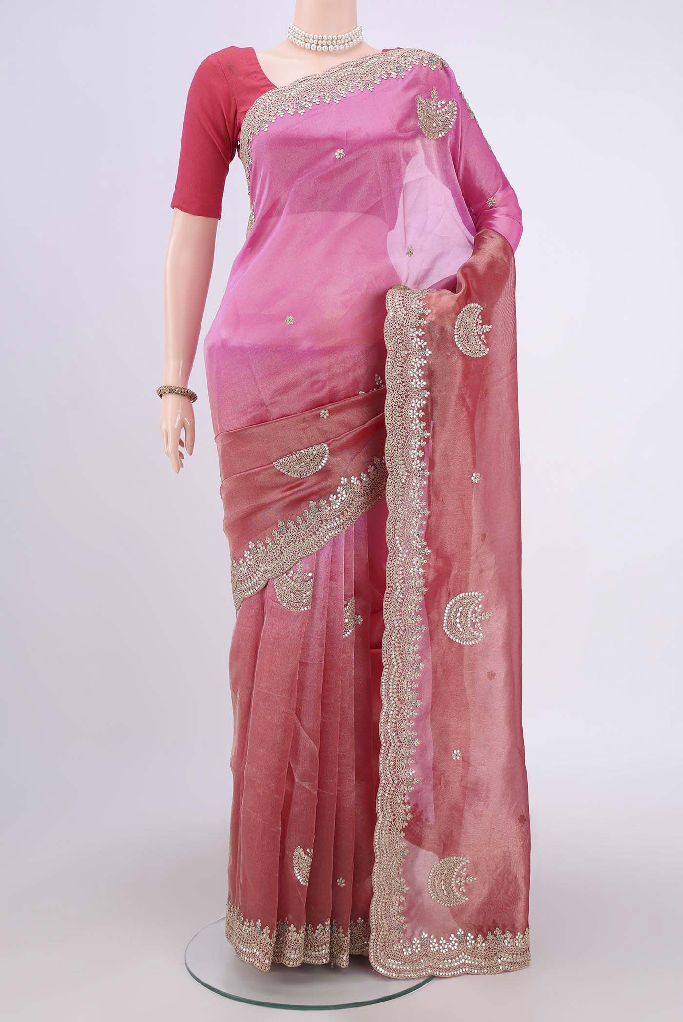 Pink and  Dark Coral Color Organza Silk Saree - Image 2
