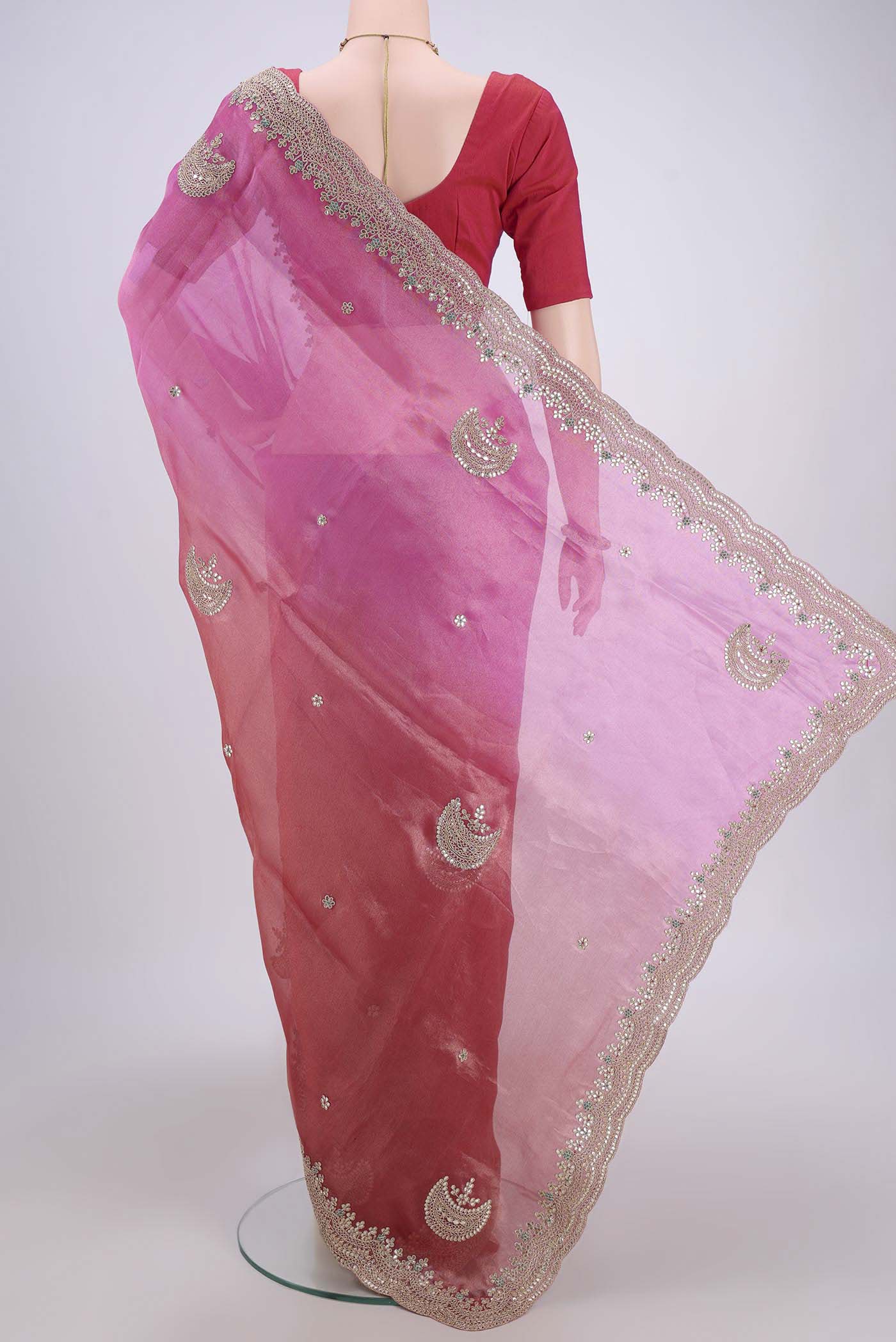 Pink and  Dark Coral Color Organza Silk Saree - Image 4