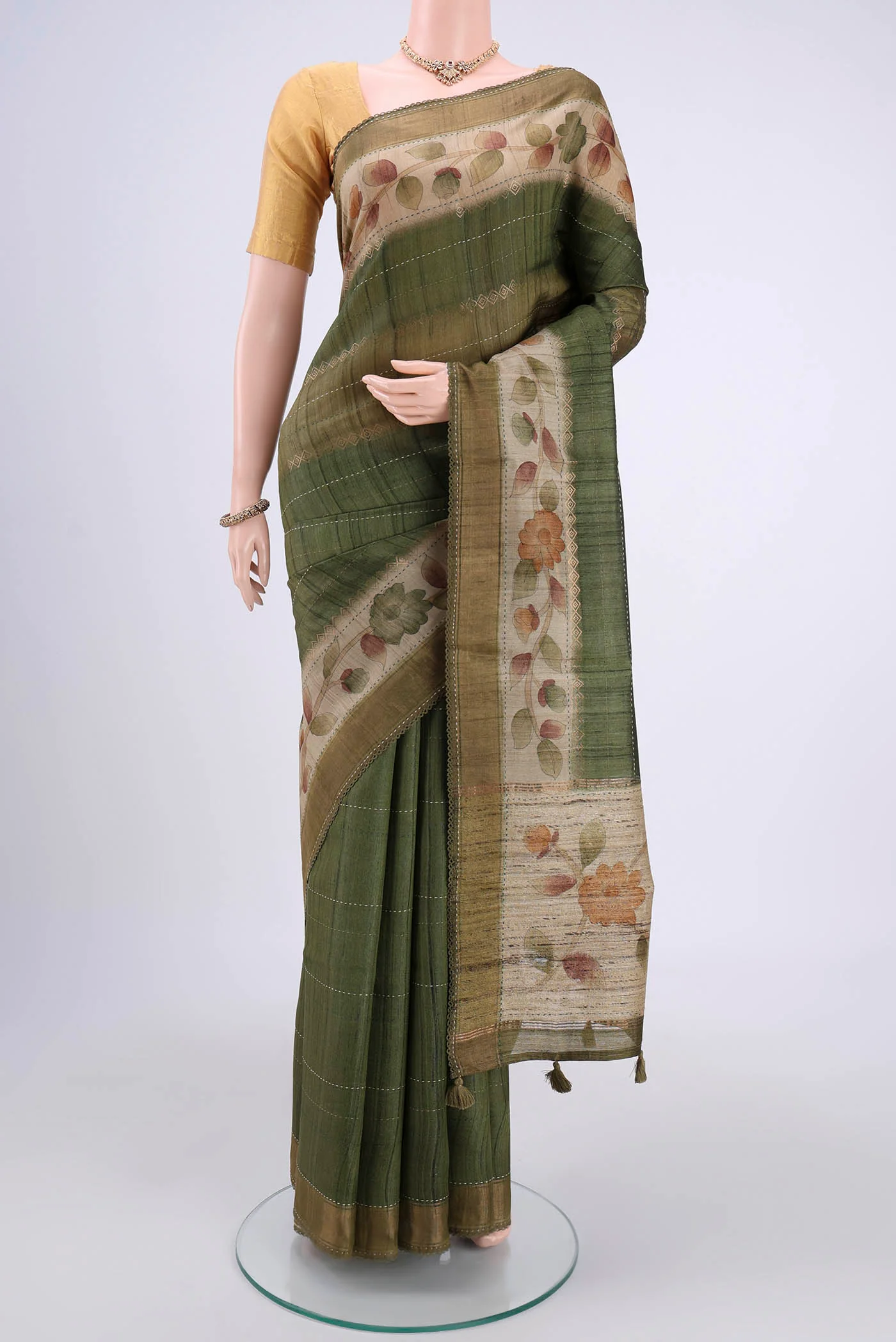 Olive Green Tussar Silk Saree
