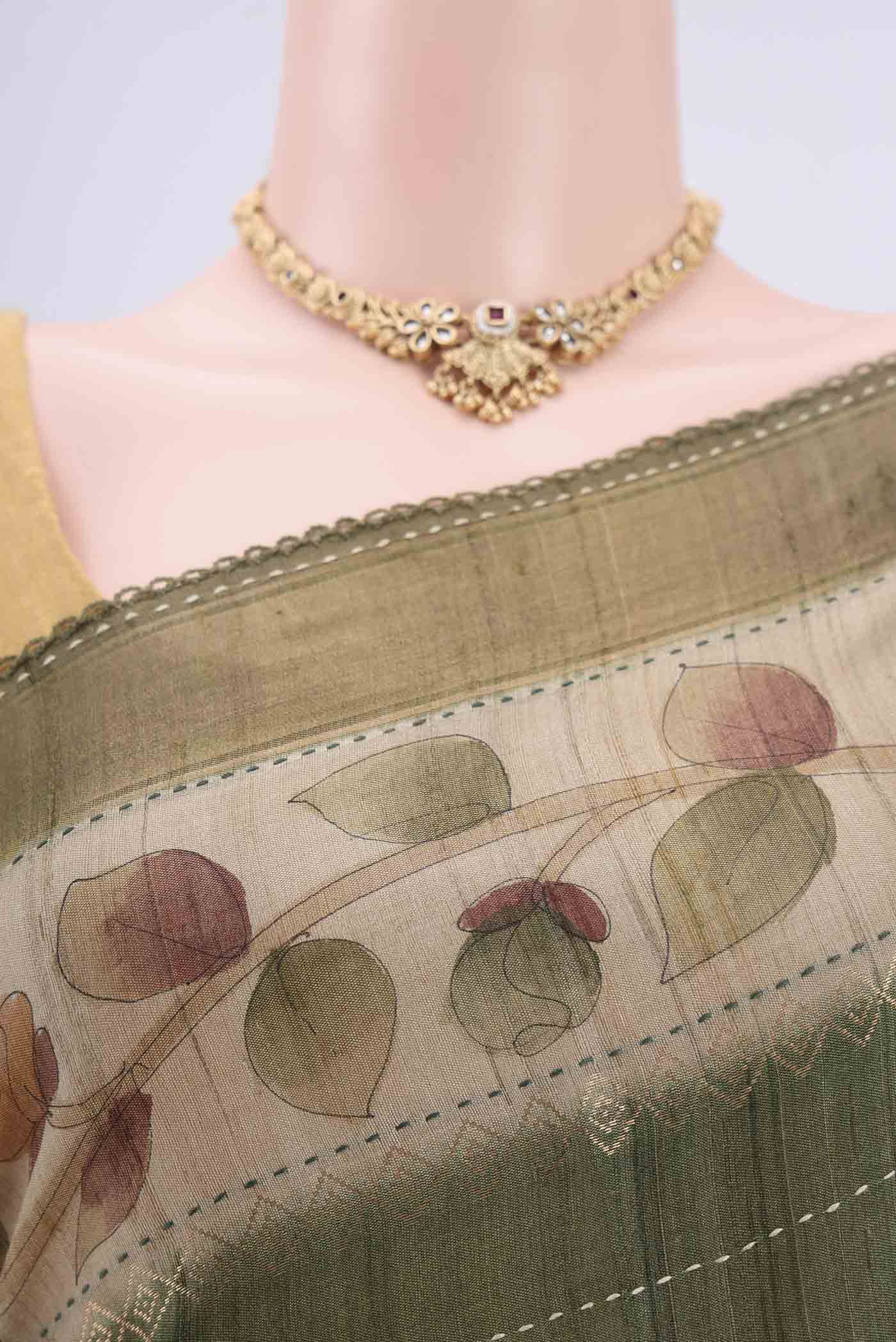 Olive Green Tussar Silk Saree - Image 2