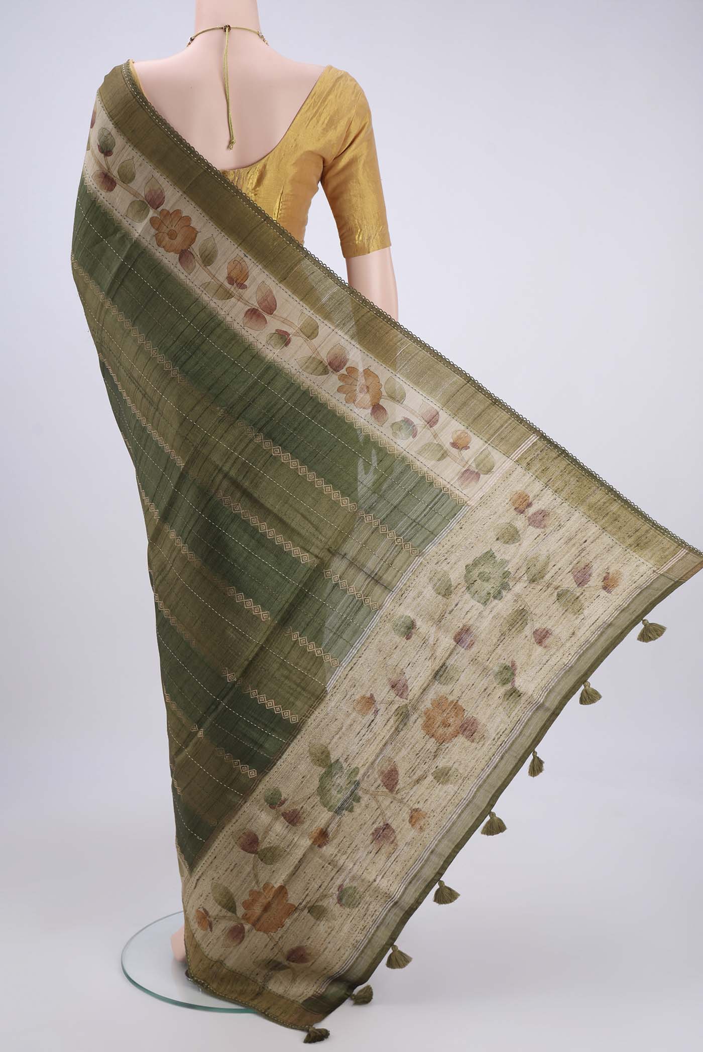 Olive Green Tussar Silk Saree - Image 3