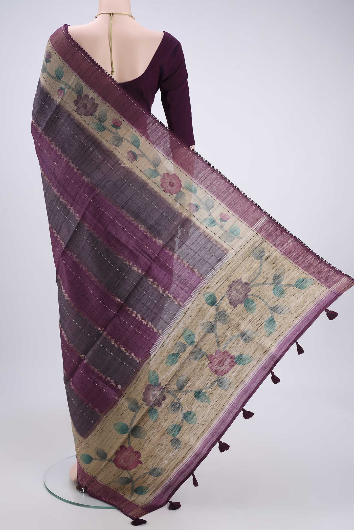 Purple Tussar Silk Saree - Image 3