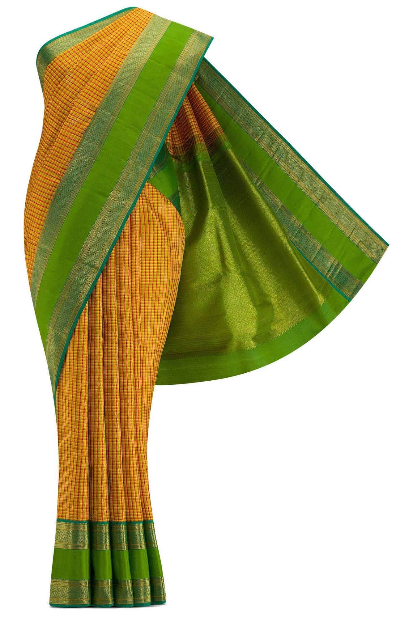 Pure Silk Pure Zari Mustard and Red Dual Tone Kanjivaram Saree