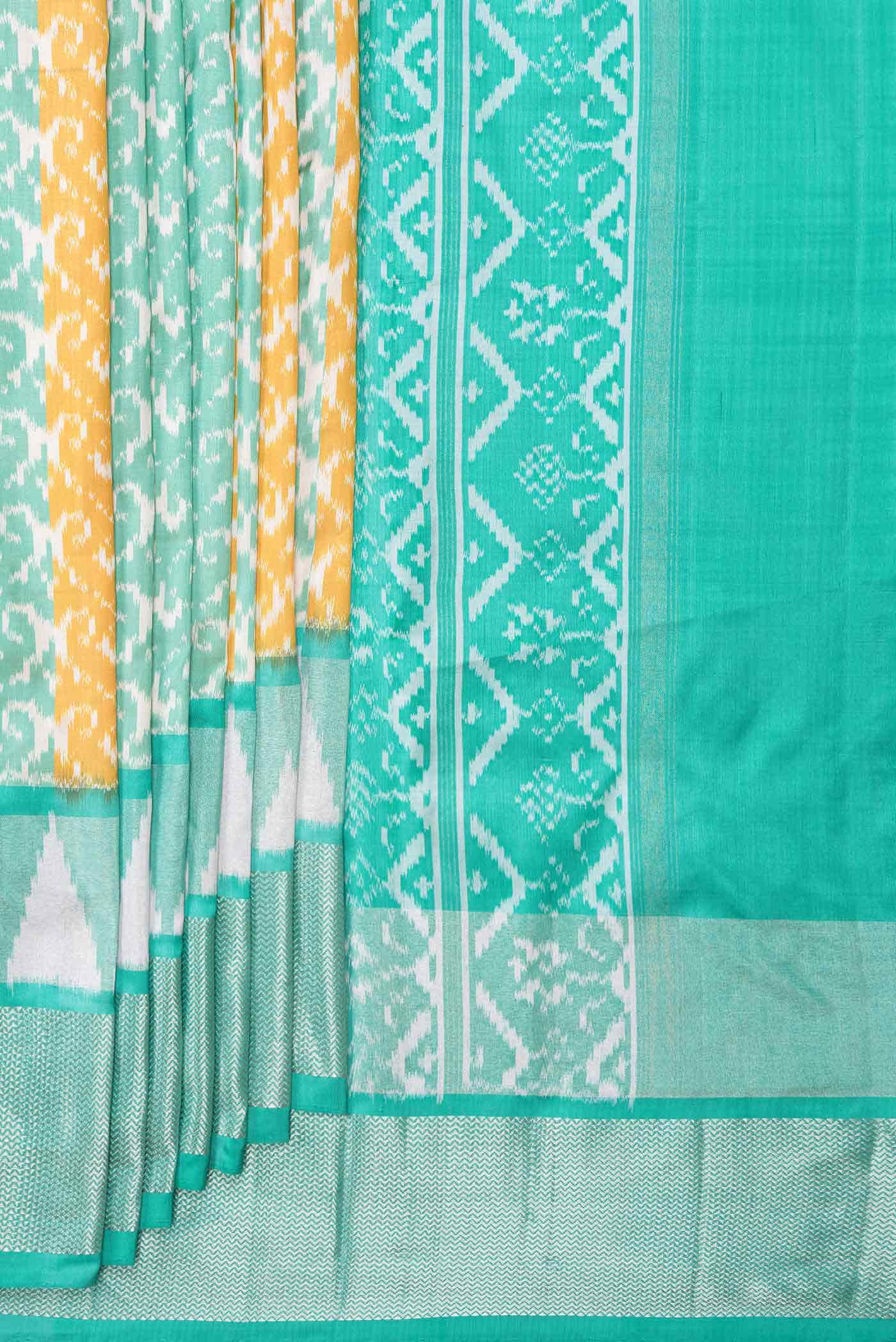 Mustard and Sea Green Dual Tone Double Ikat Saree - Image 2