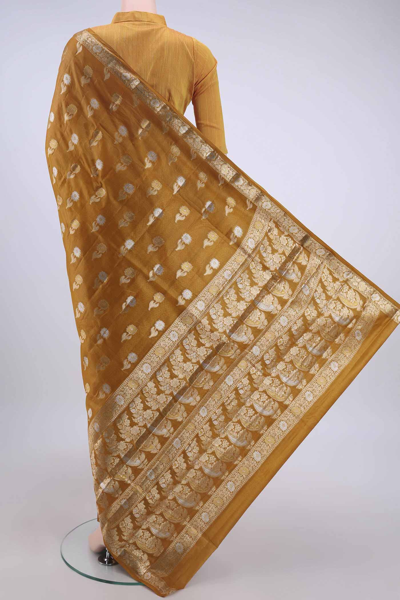 Mustard Banarasi Raw Silk Saree - Image 3