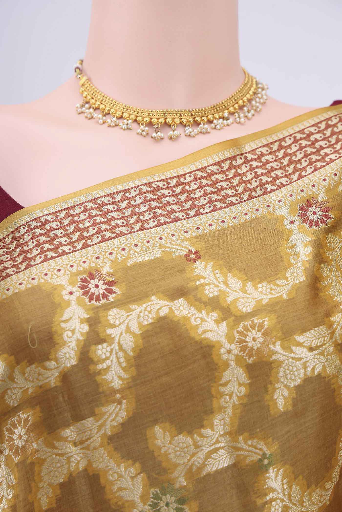 Mustard Banarasi Tussar Silk Saree - Image 2