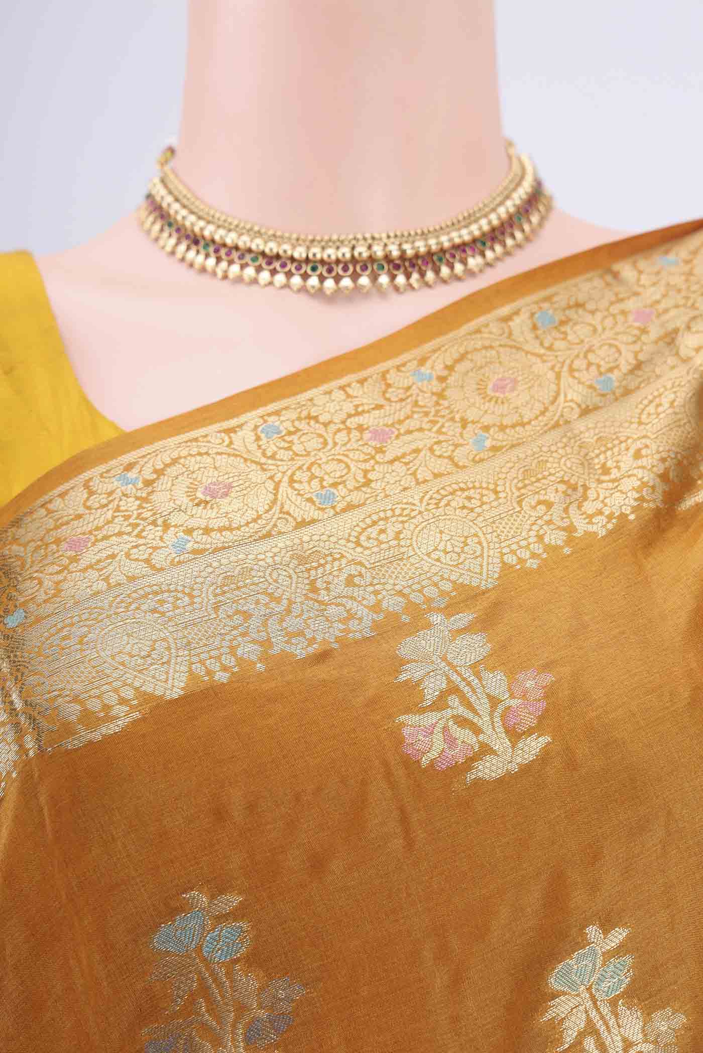 Mustard Banarasi Tussar Silk Saree - Image 2