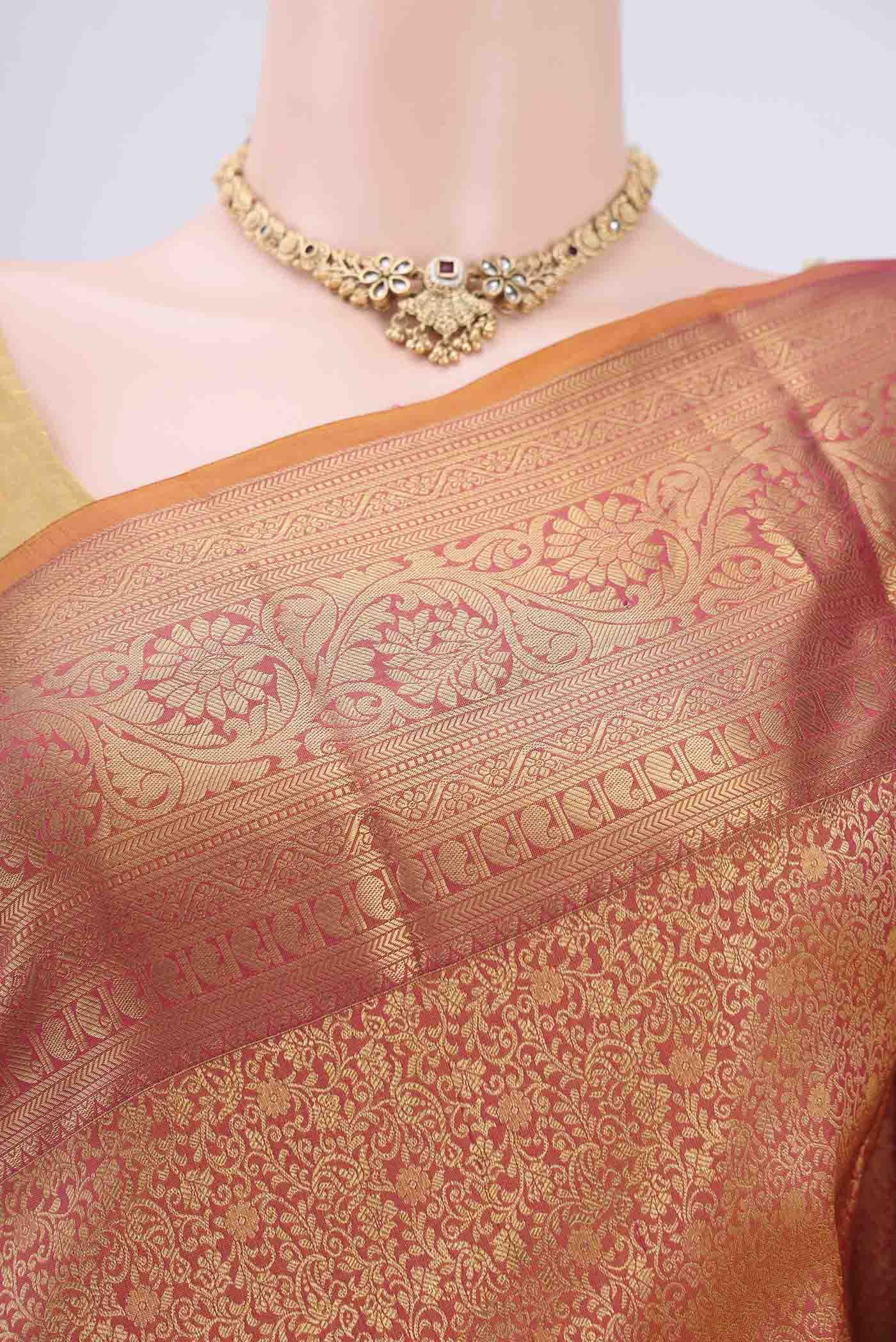 Pink with Mustard Color Bangalore Silk Saree - Image 2