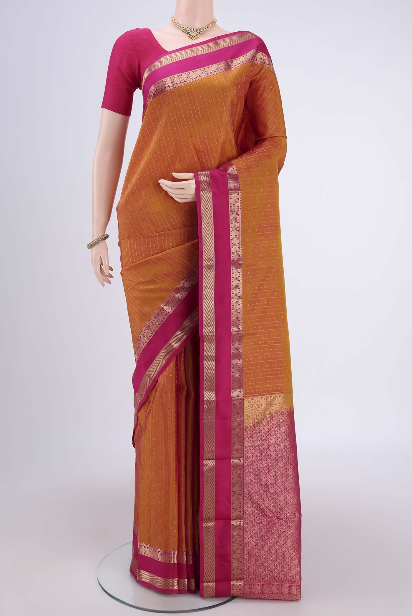 Mustard with Pink Color Kanchipuram Silk Saree