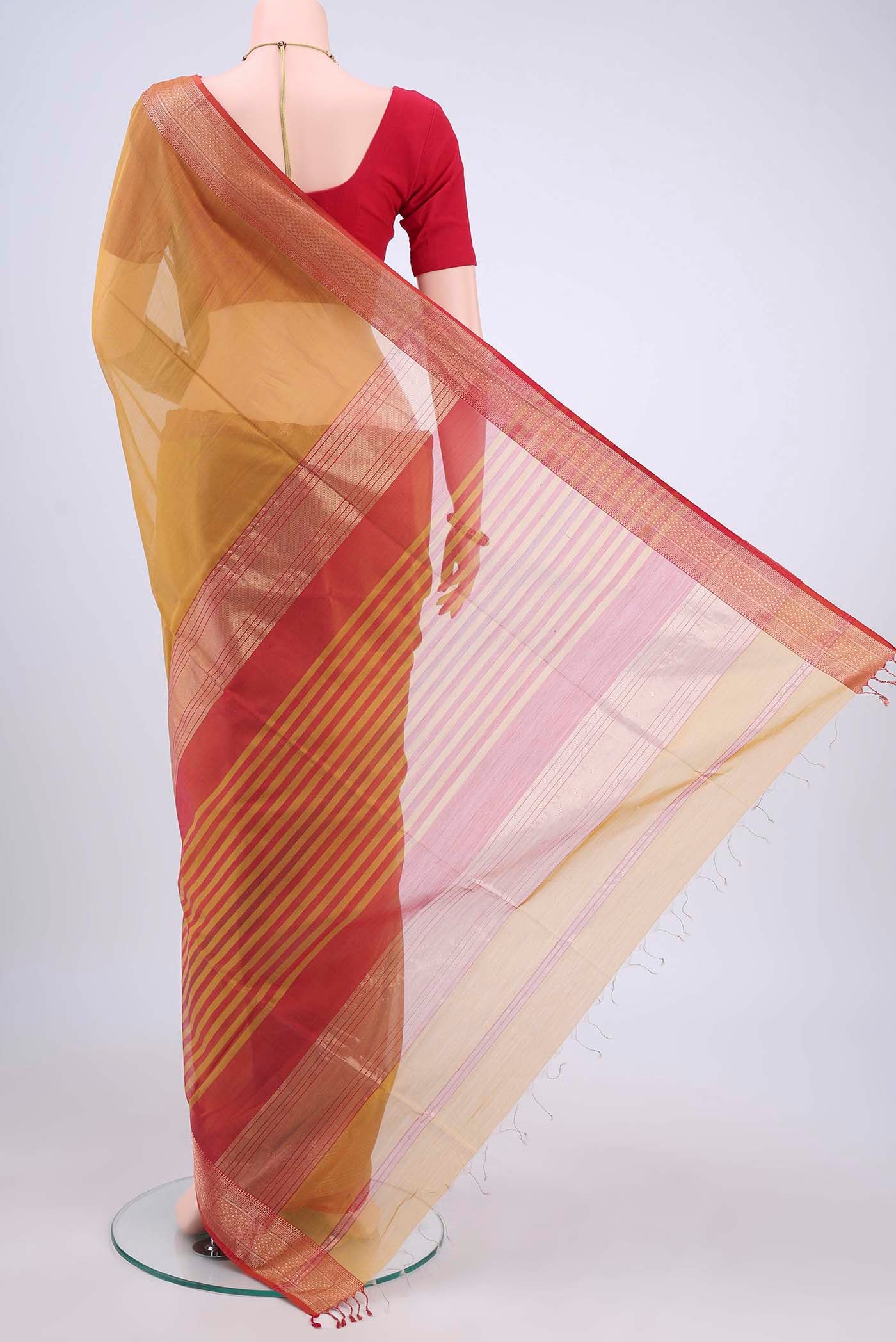 Mustard Maheshwari Silk Cotton Saree - Image 3