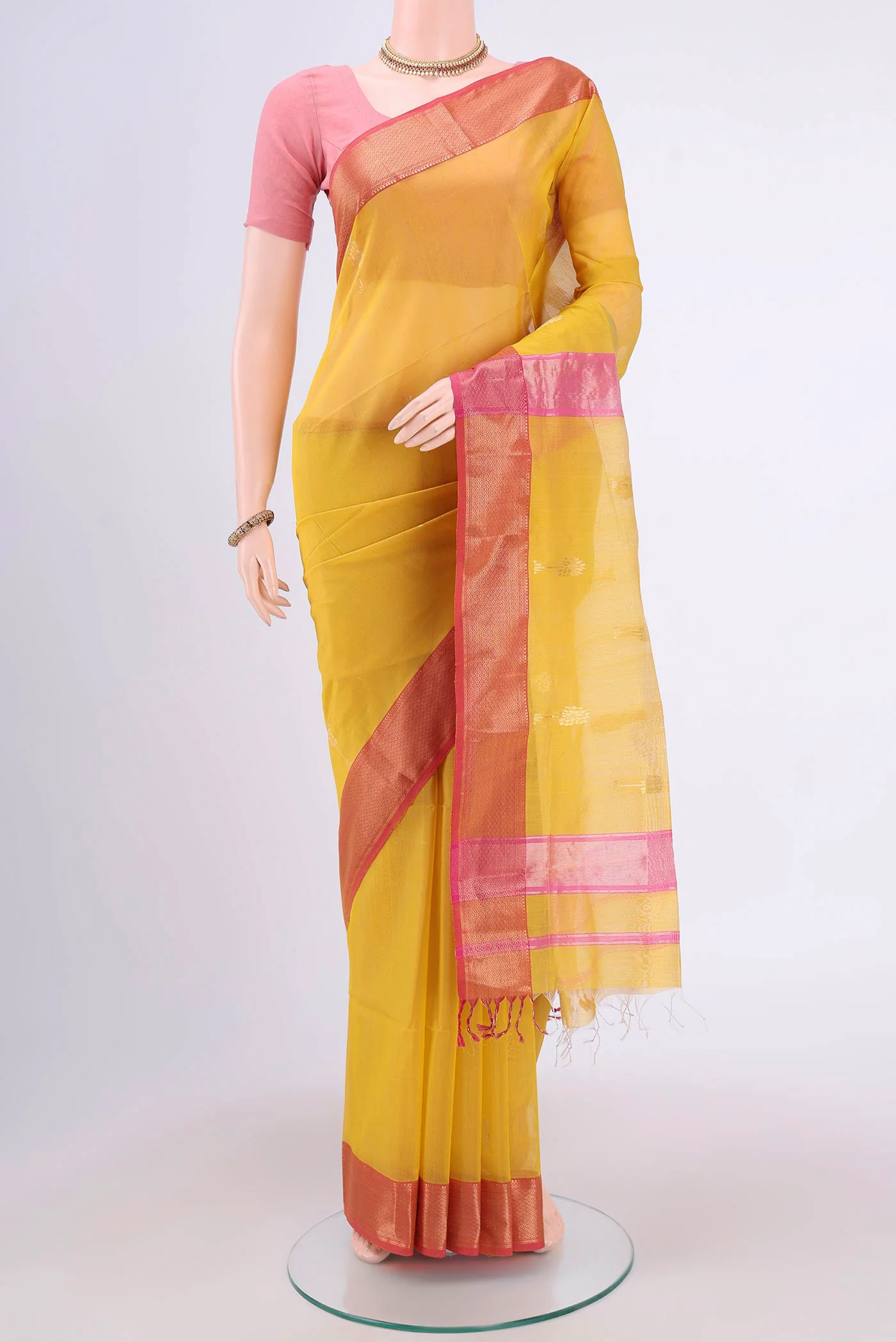 Yellow Maheshwari Silk Cotton Saree