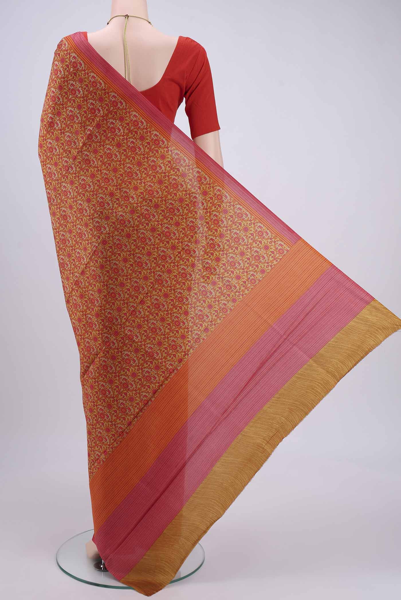Orange Printed Silk Saree - Image 3