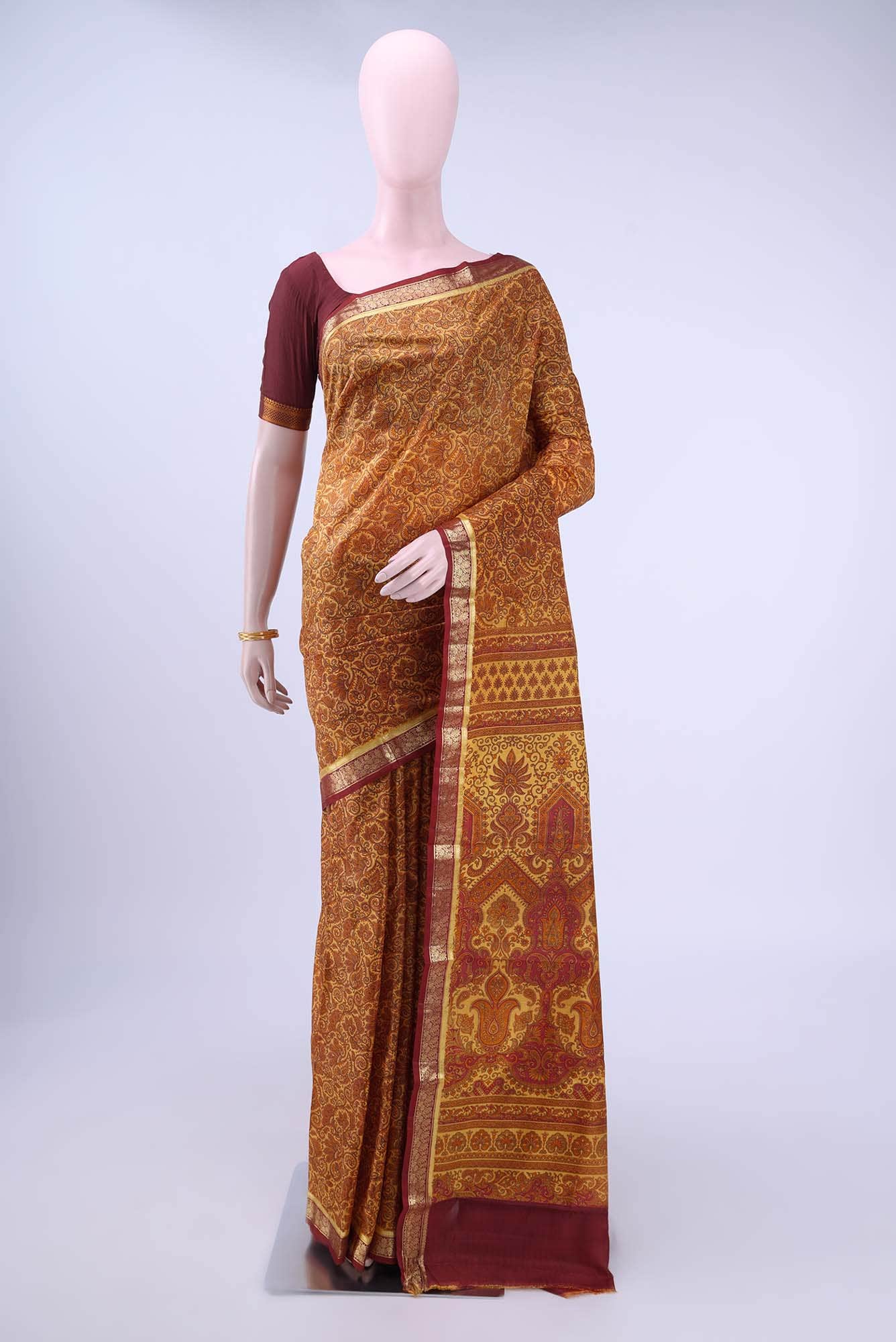 Mustard Printed Silk Saree