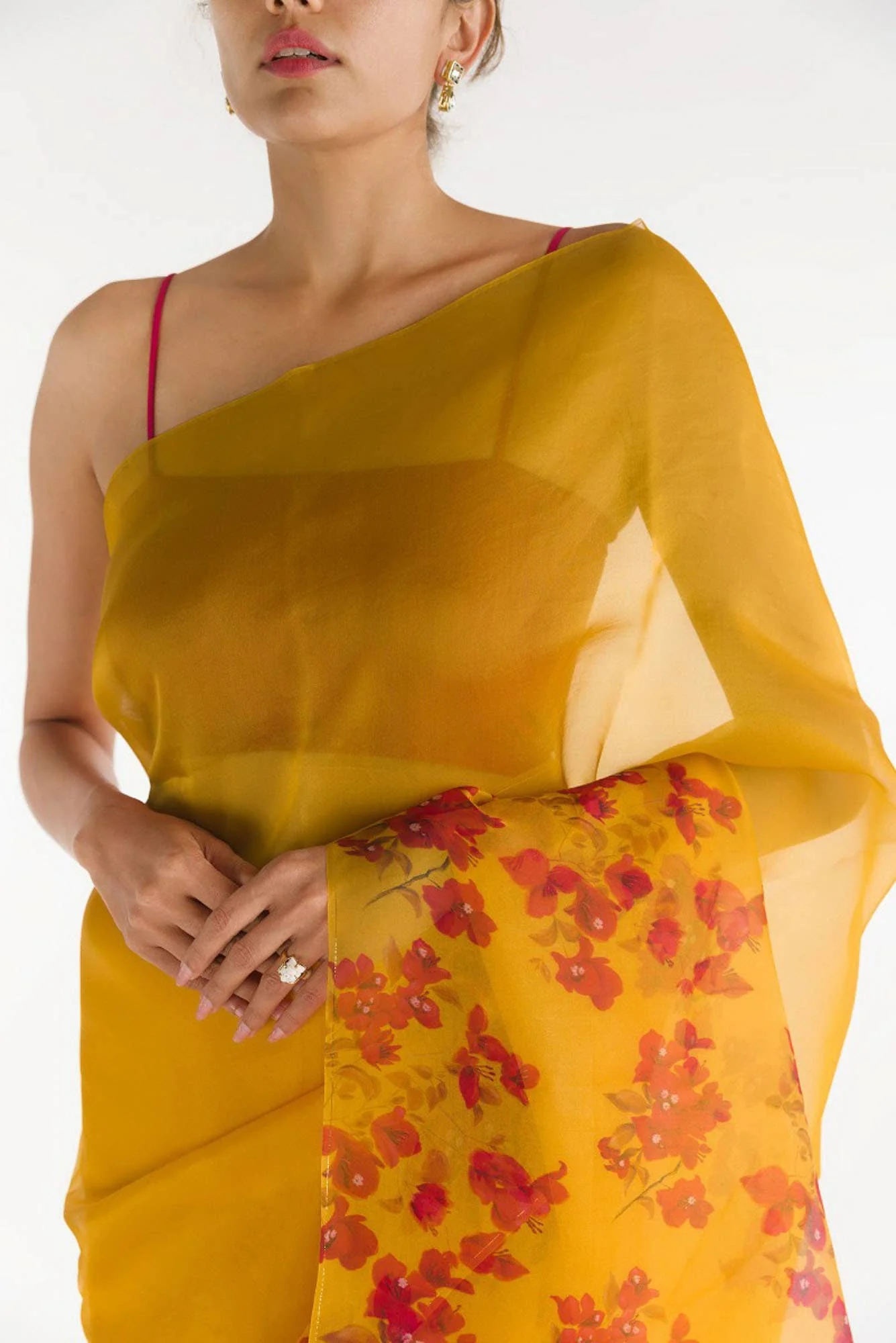 Bougainvillea Vines Mustard Pure Organza Silk Saree - Image 2