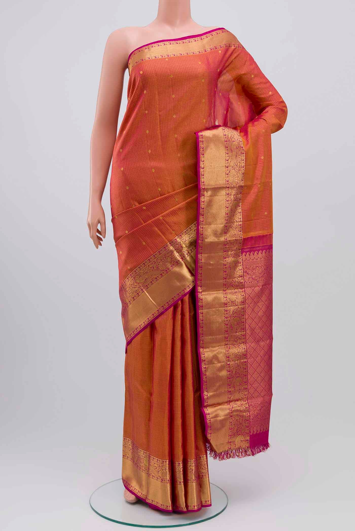 Pink with Mustard Color Kanjivaram Silk Saree