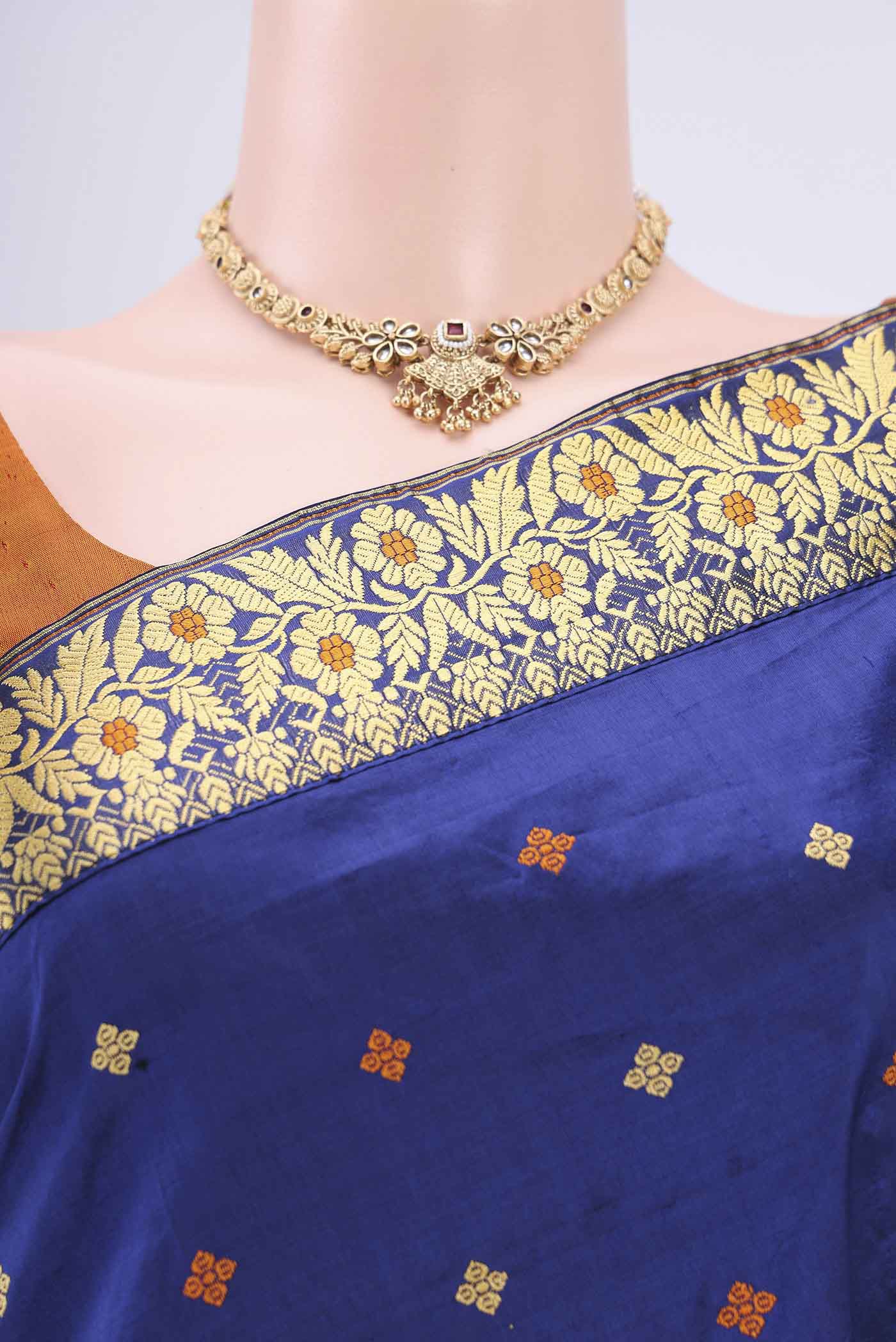 Dark Blue Assam Silk Saree - Image 2