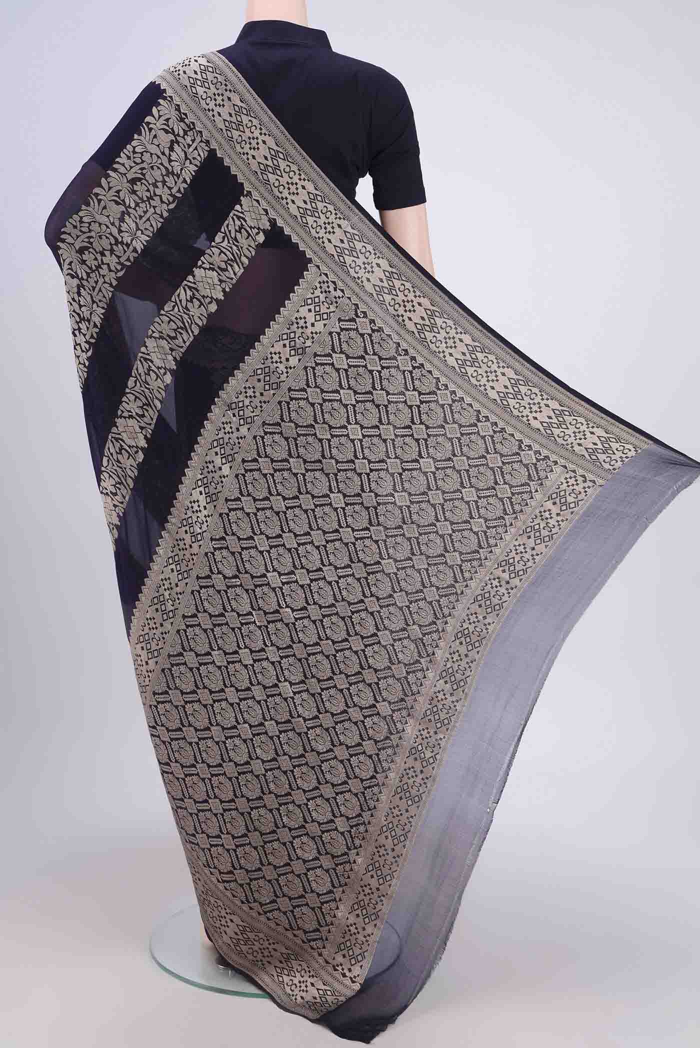 Navy Blue Banarasi Georgette Saree - Image 3