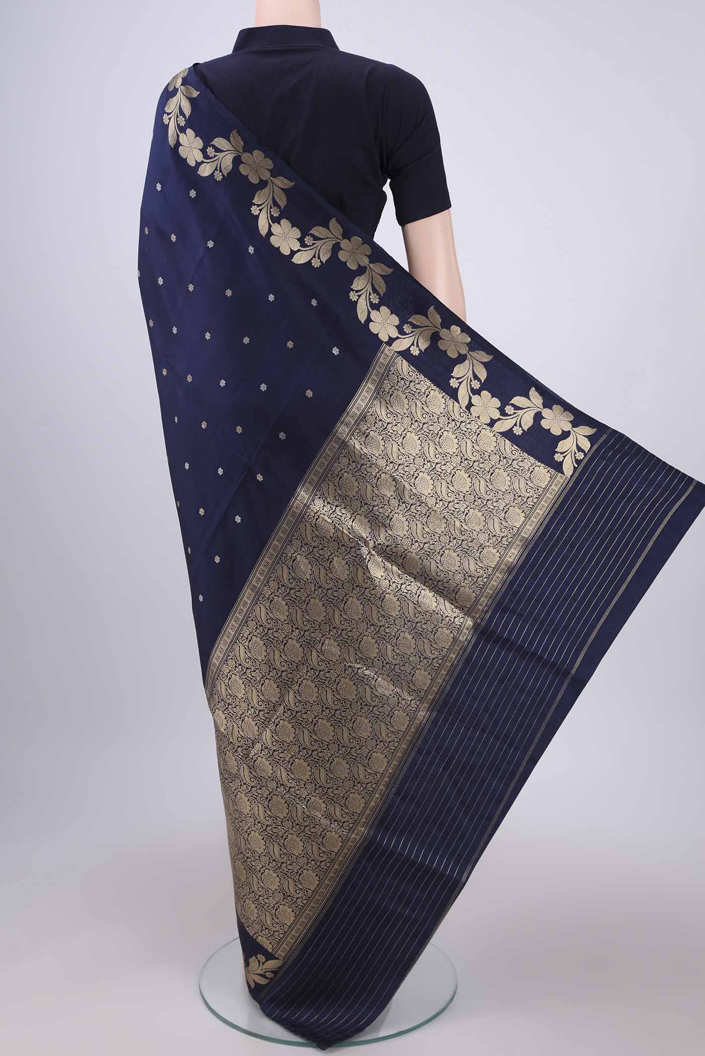 Navy Blue Banarasi Katan Silk Saree - Image 3