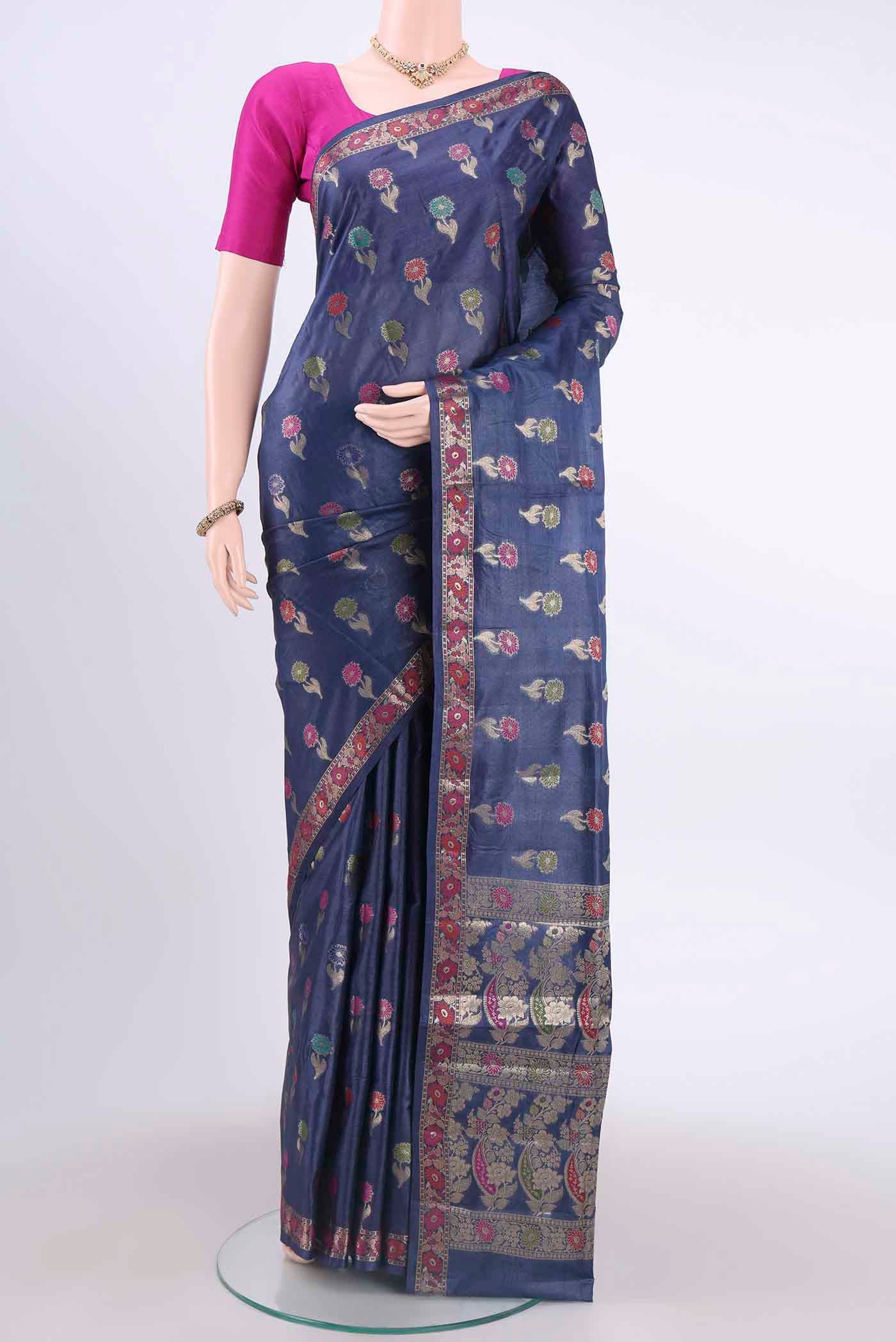 Navy Blue Banarasi Tussar Silk Saree