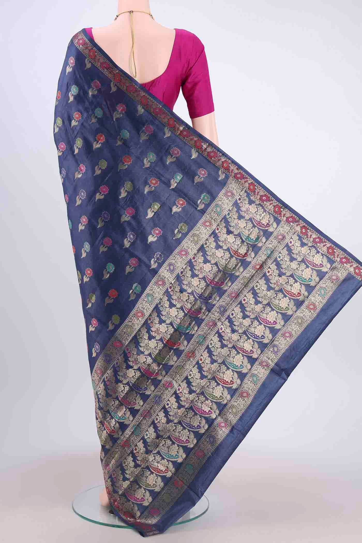 Navy Blue Banarasi Tussar Silk Saree - Image 3