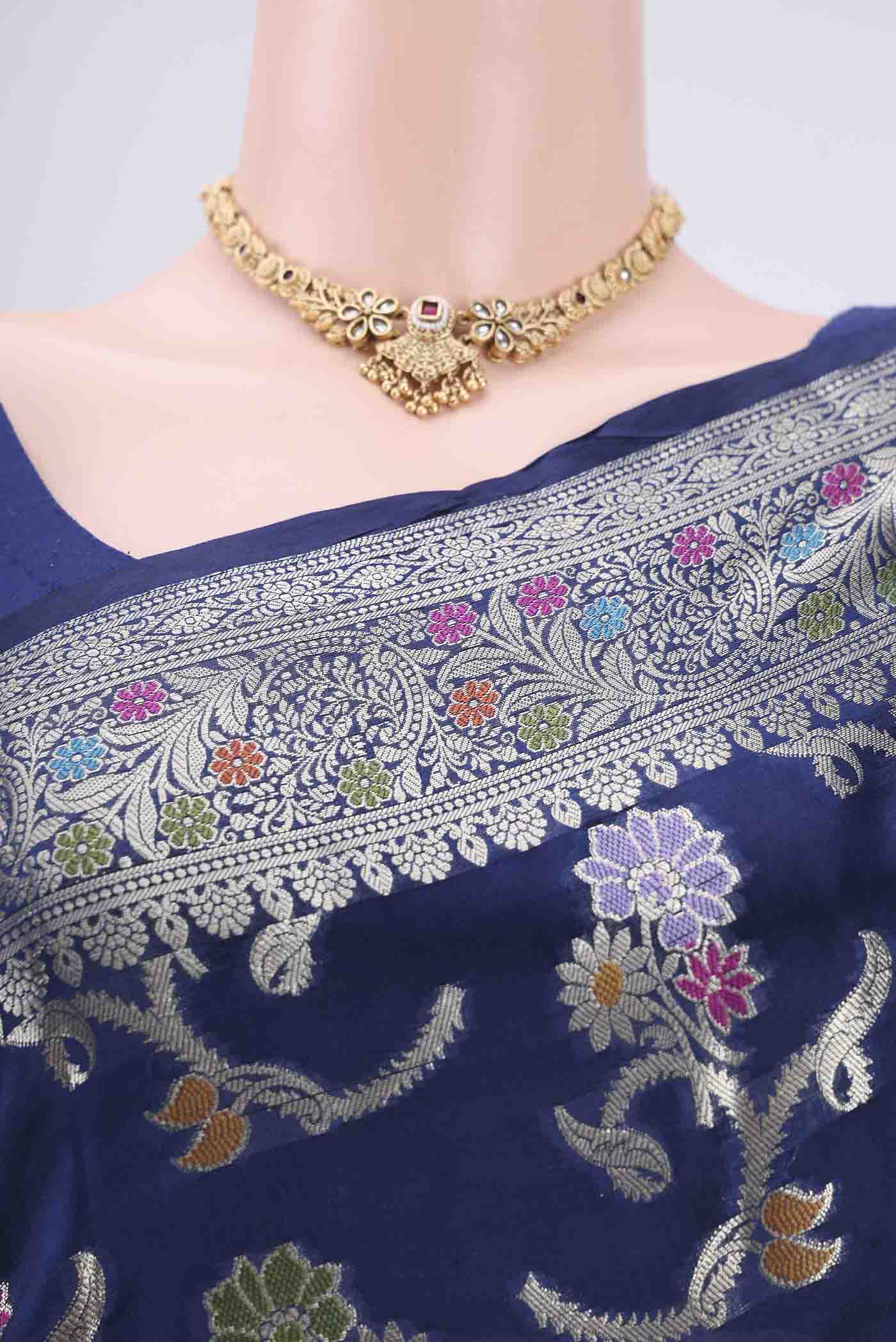 Navy Blue Banarasi Raw Silk Saree - Image 2