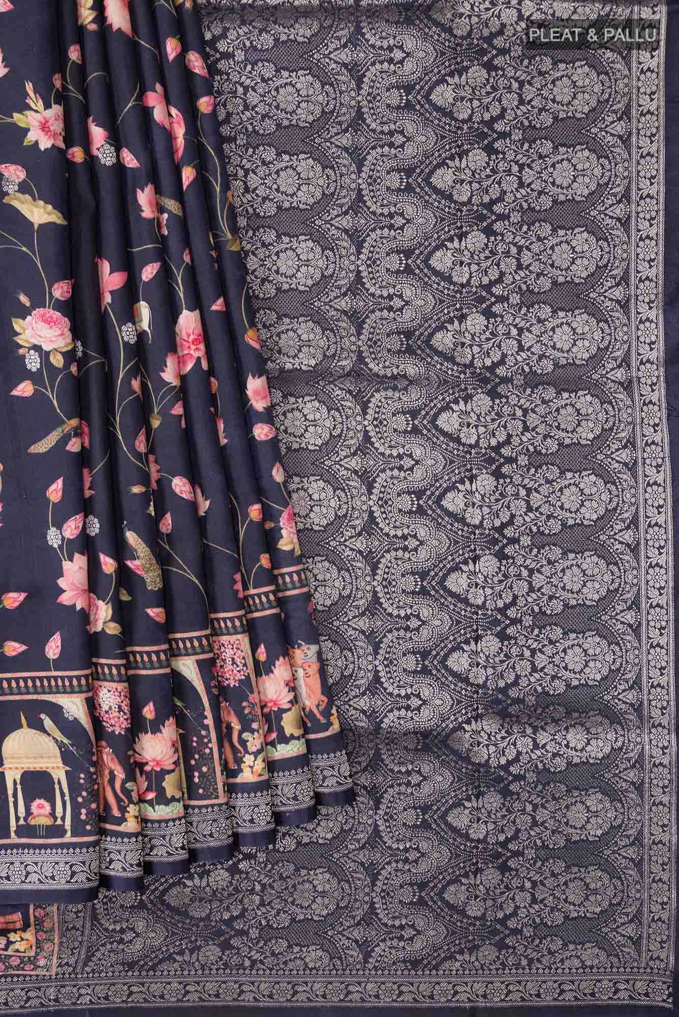 Navy Blue Bhagalpuri Tussar Silk Saree - Image 2