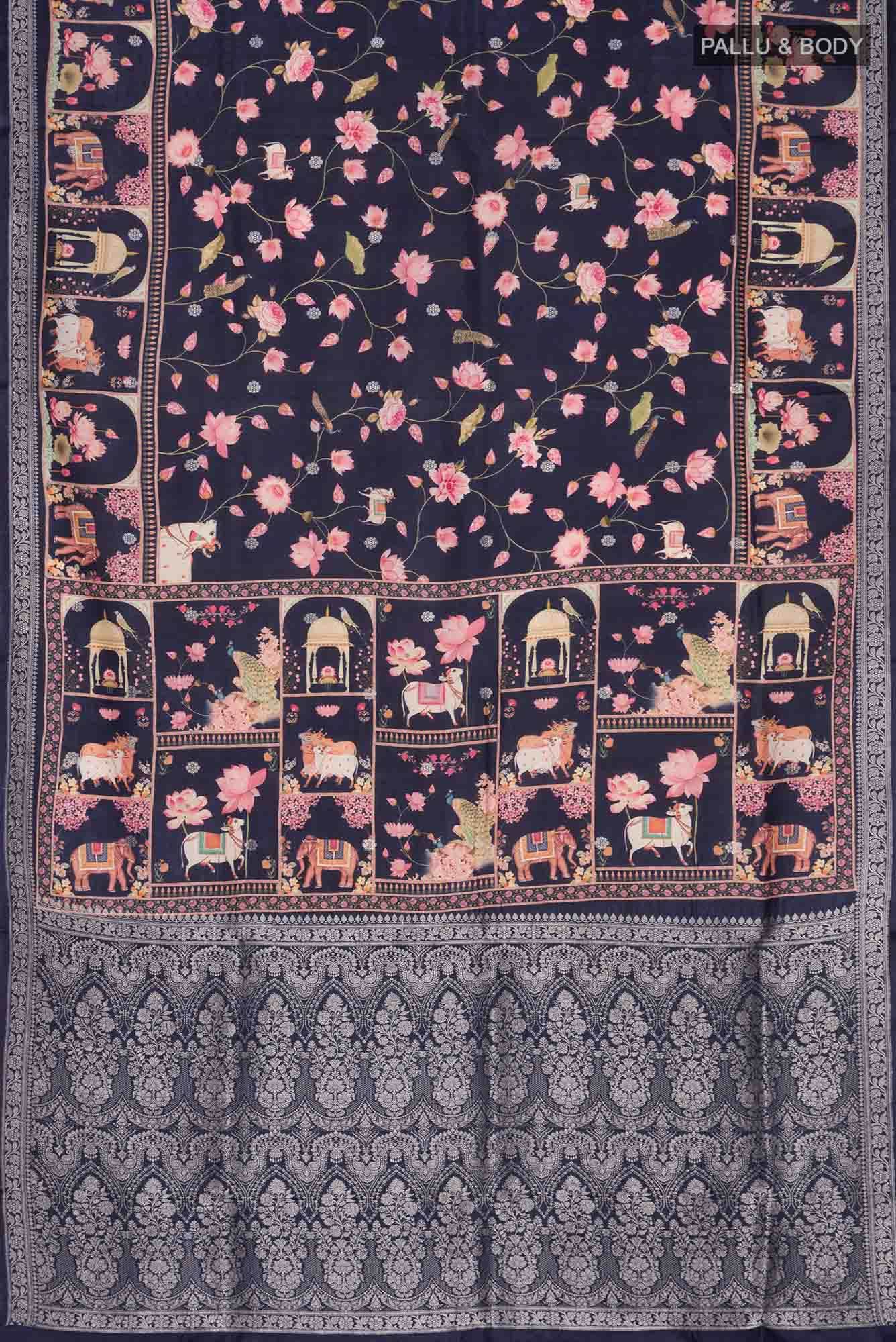 Navy Blue Bhagalpuri Tussar Silk Saree - Image 4
