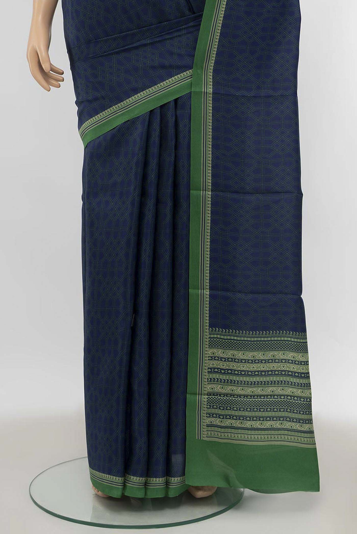 Navy Blue Blended Printed Silk Saree - Image 3