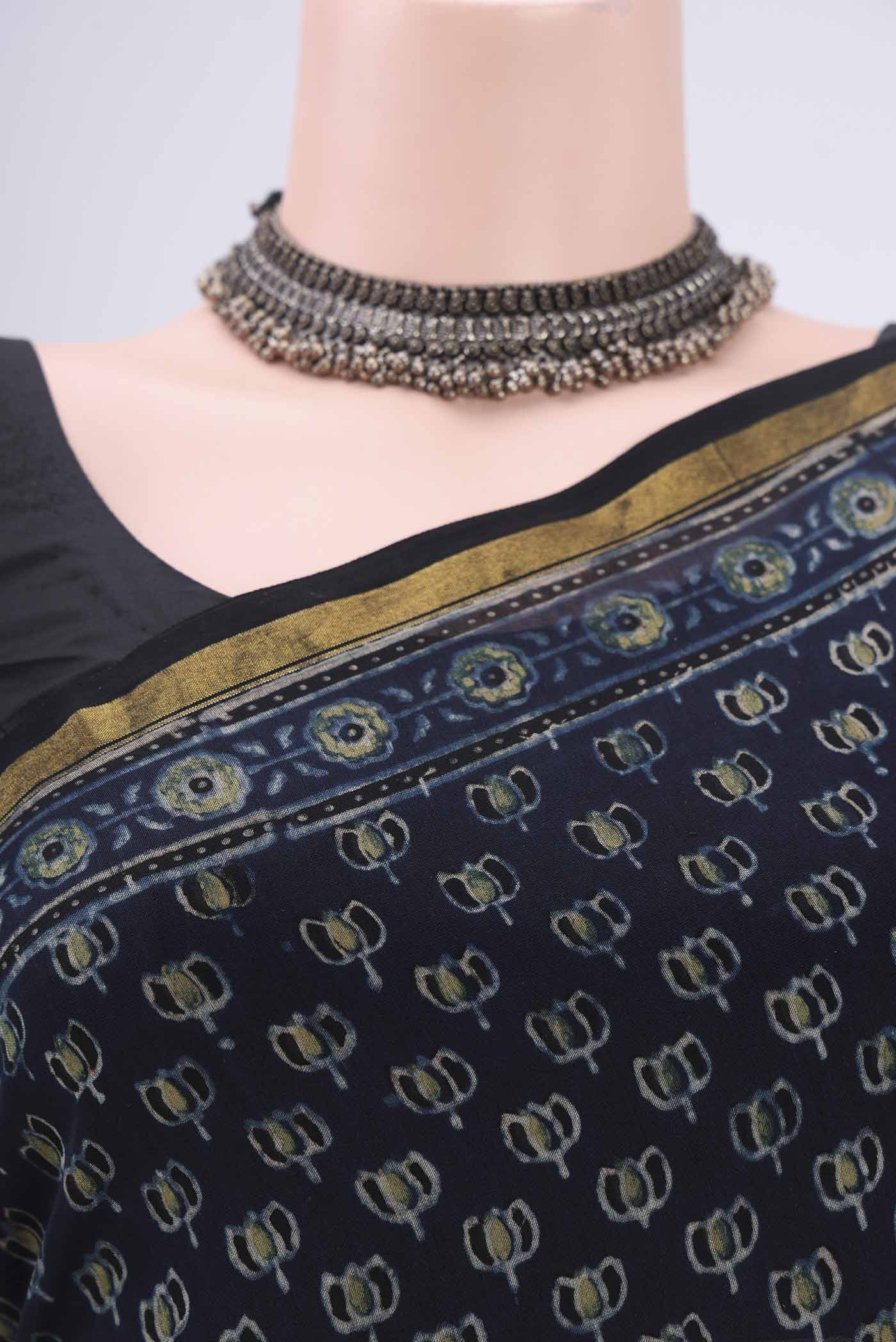 Navy Blue Chanderi Silk Cotton Saree - Image 2