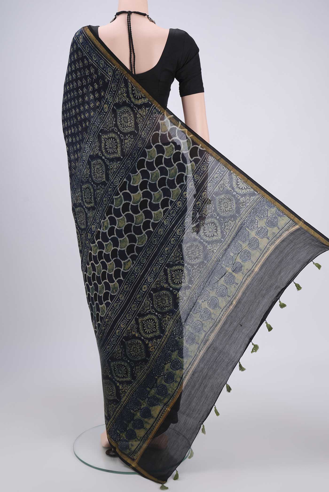 Navy Blue Chanderi Silk Cotton Saree - Image 3