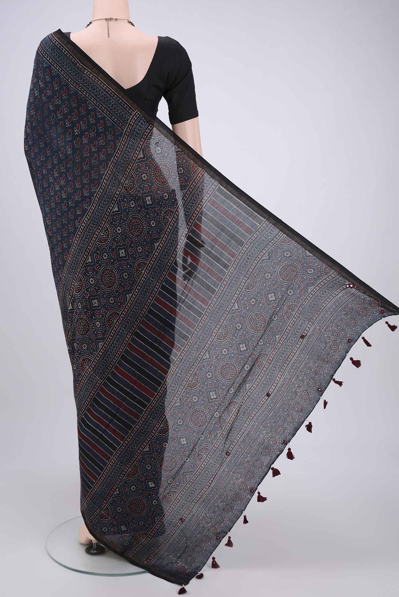 Navy Blue Chanderi Silk Cotton Saree - Image 3