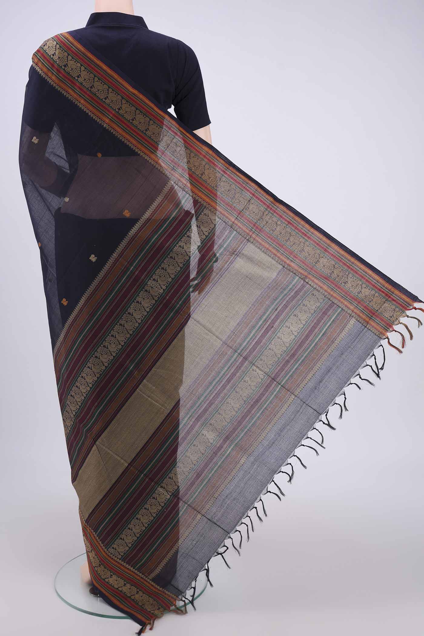 Navy Blue Coimbatore Cotton Saree - Image 3