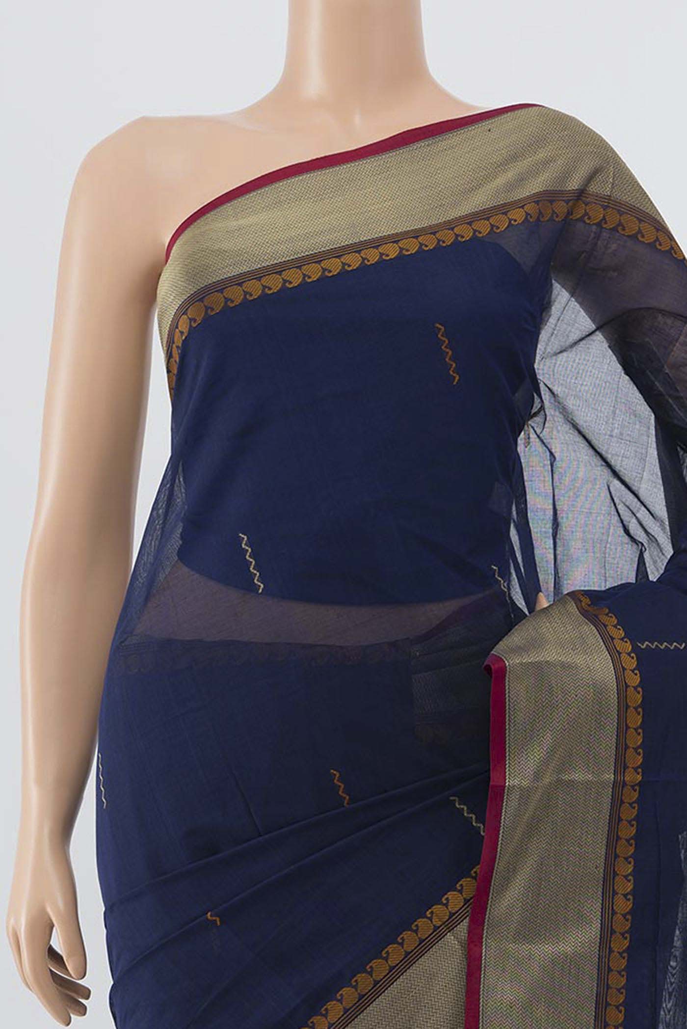 Navy Blue Coimbatore Cotton Saree - Image 2