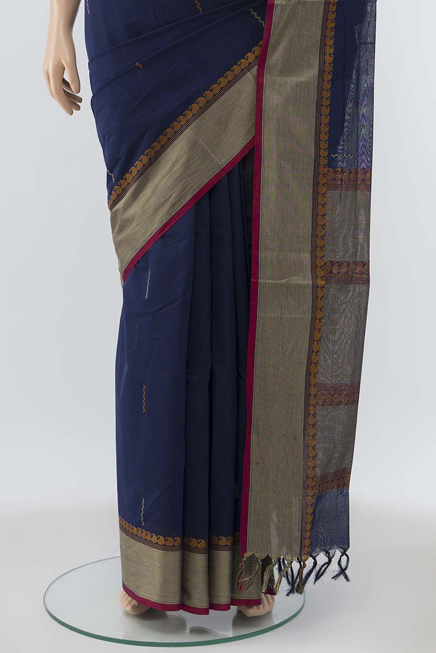 Navy Blue Coimbatore Cotton Saree - Image 3
