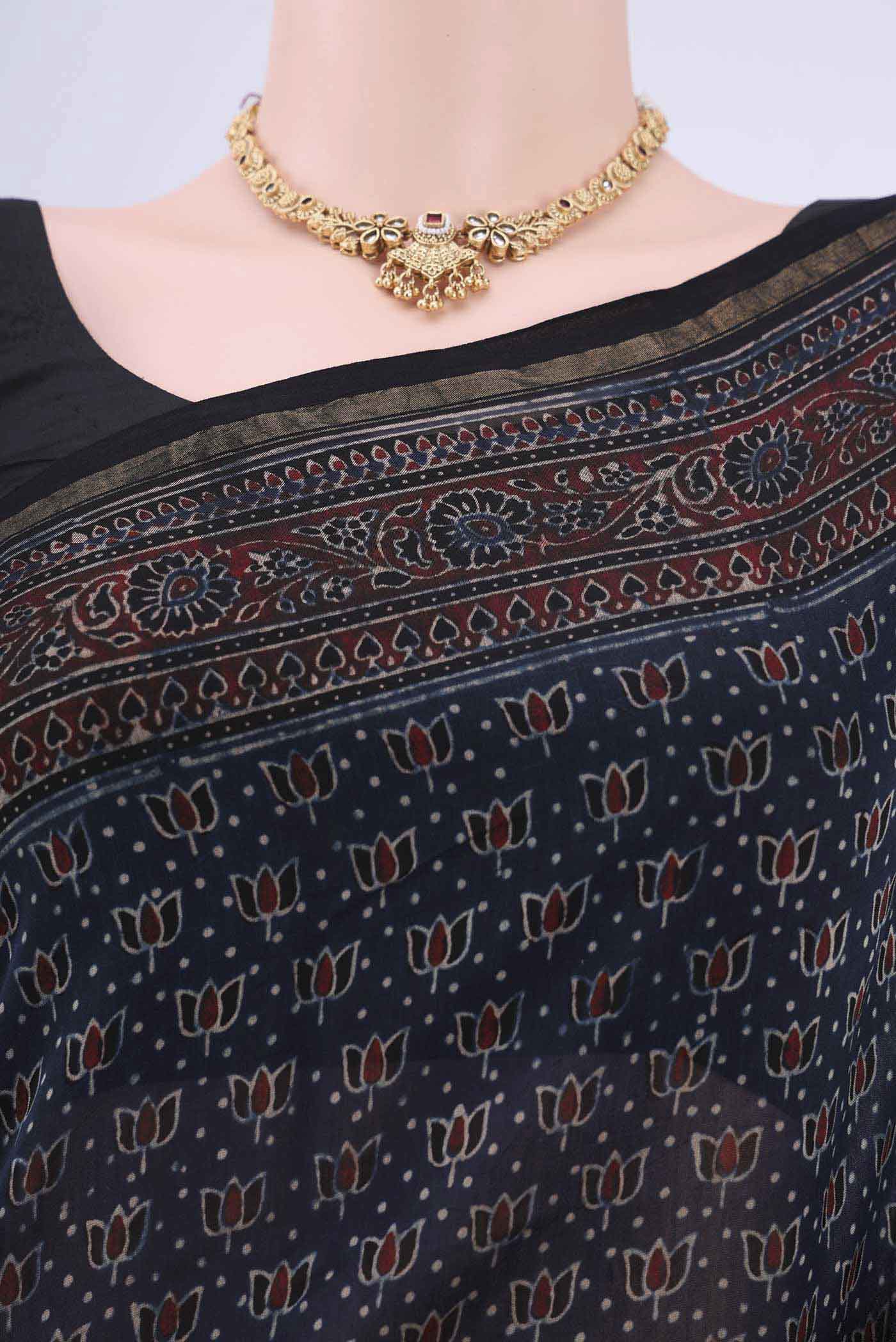 Navy Blue Cotton Saree - Image 2