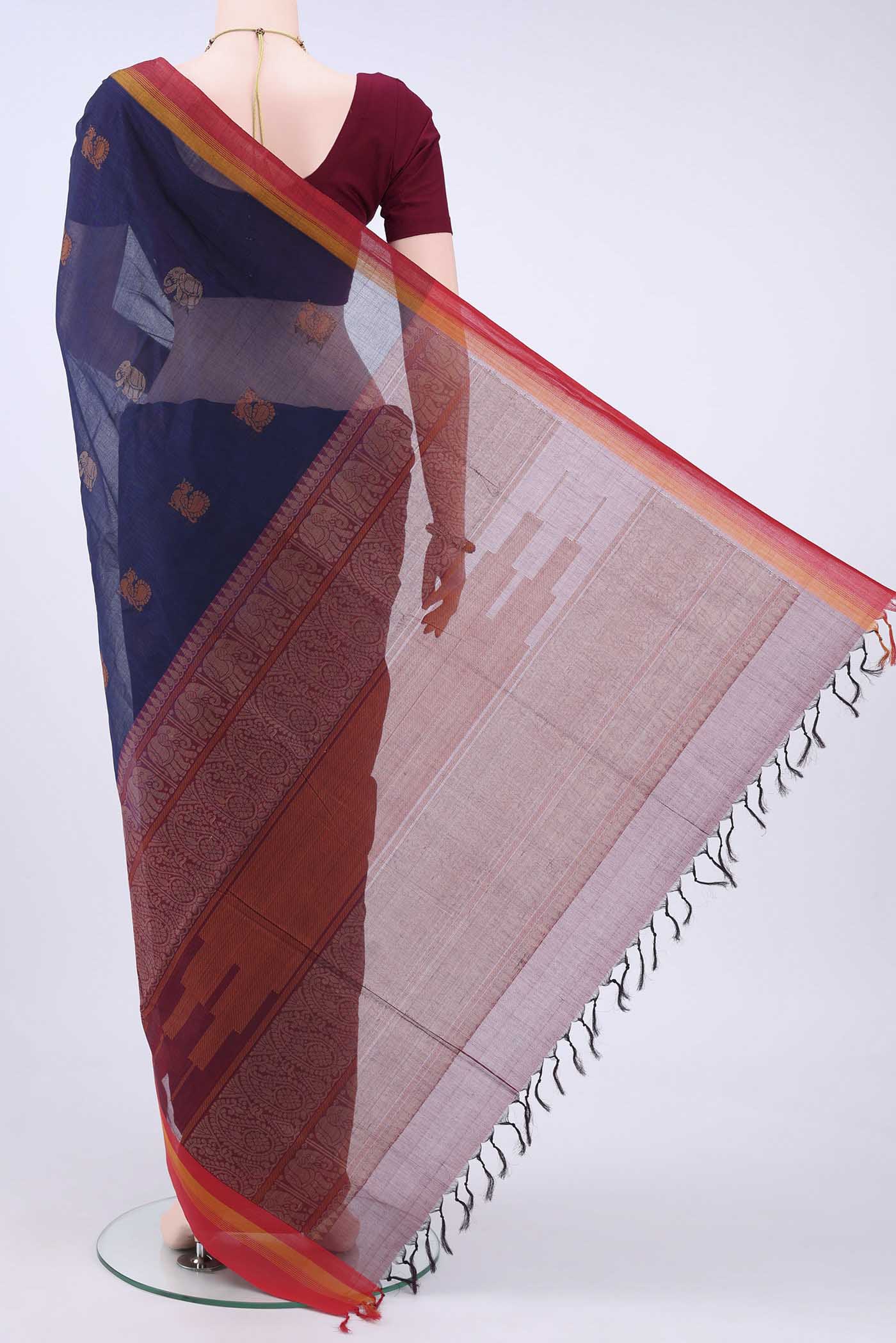 Navy Blue Cotton Saree - Image 3