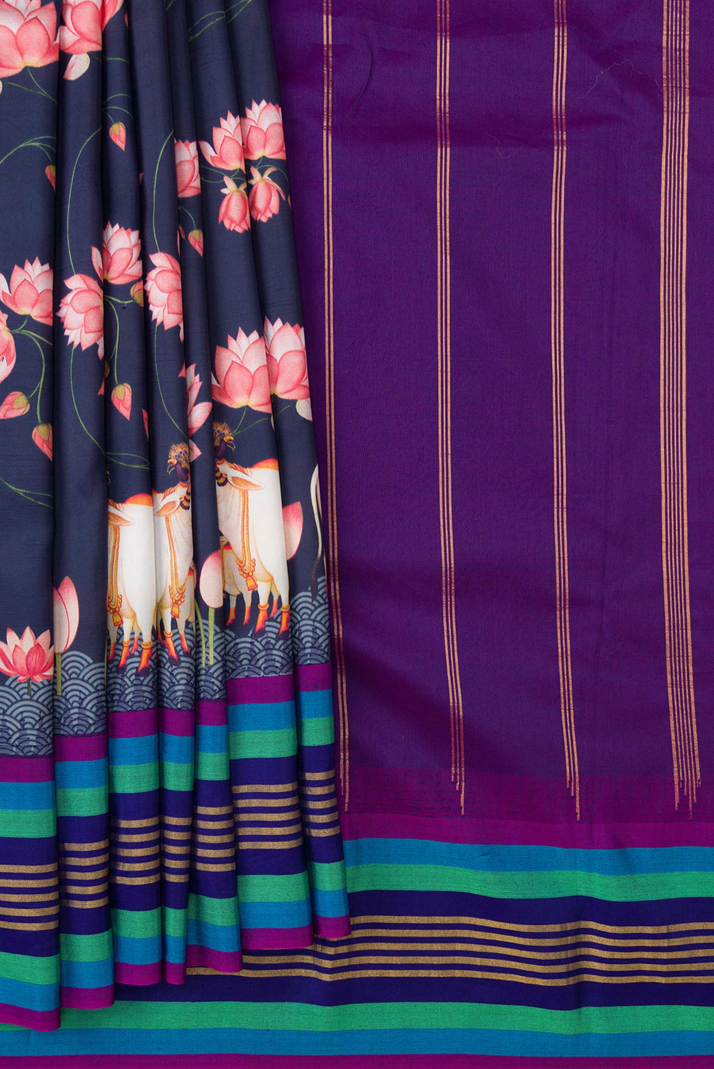 Navy Blue Dual Tone Kanchipuram Silk Saree - Image 4