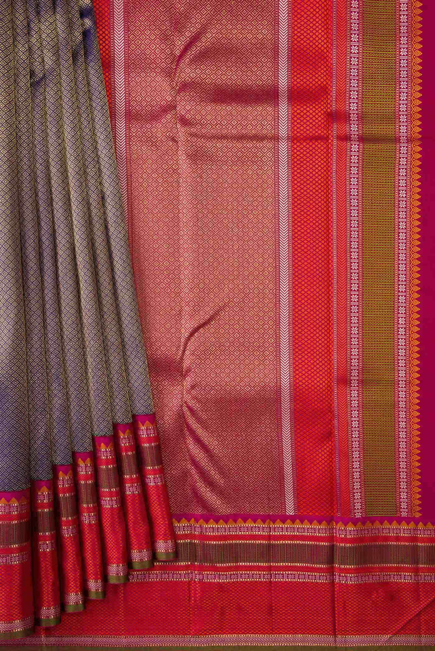 Pure Silk Pure Zari Navy Blue Dual Tone Kanjivaram Saree - Image 2