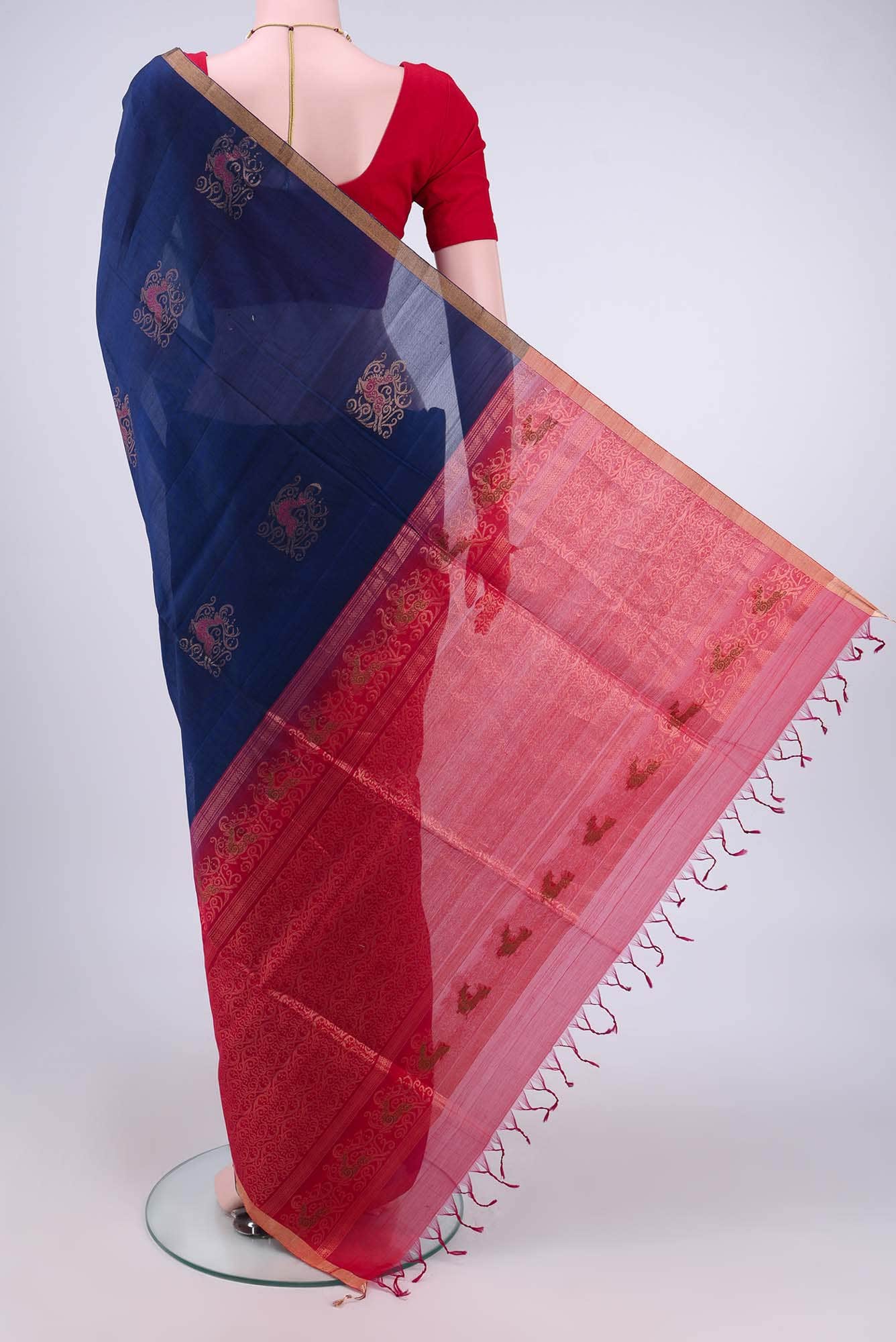 Navy Blue Kora Cotton Saree - Image 2