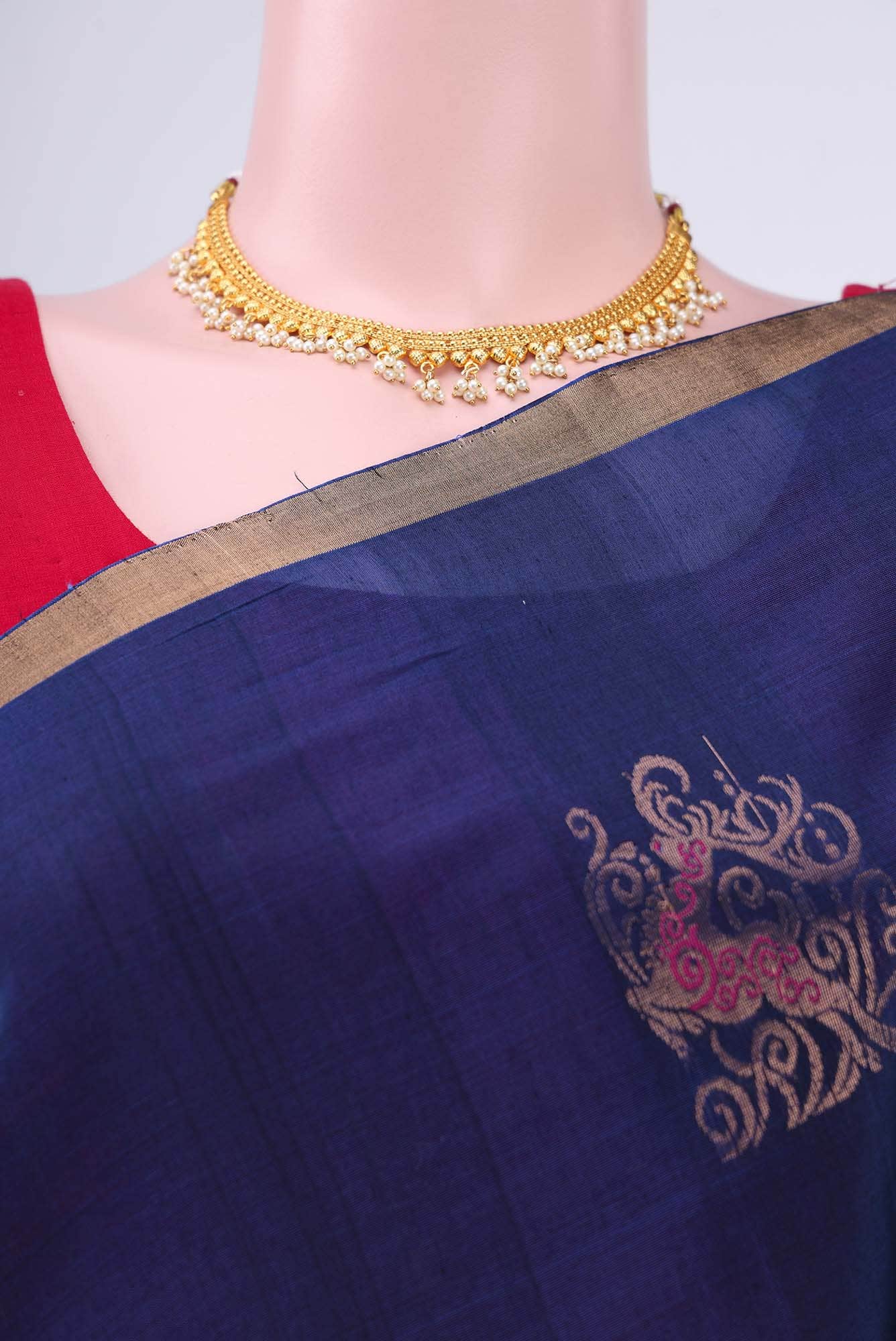 Navy Blue Kora Cotton Saree - Image 3