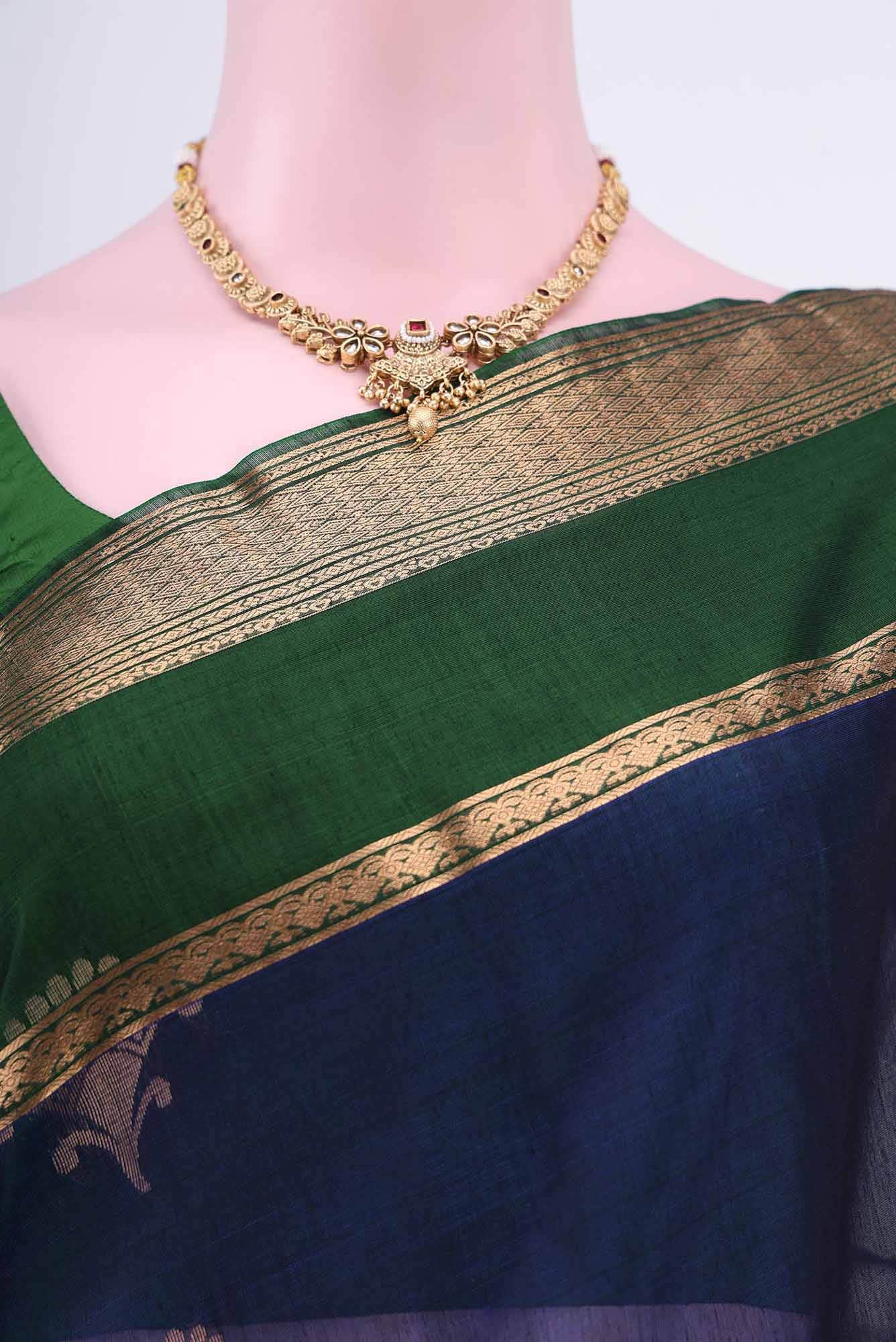 Navy Blue Kora Cotton Saree - Image 3