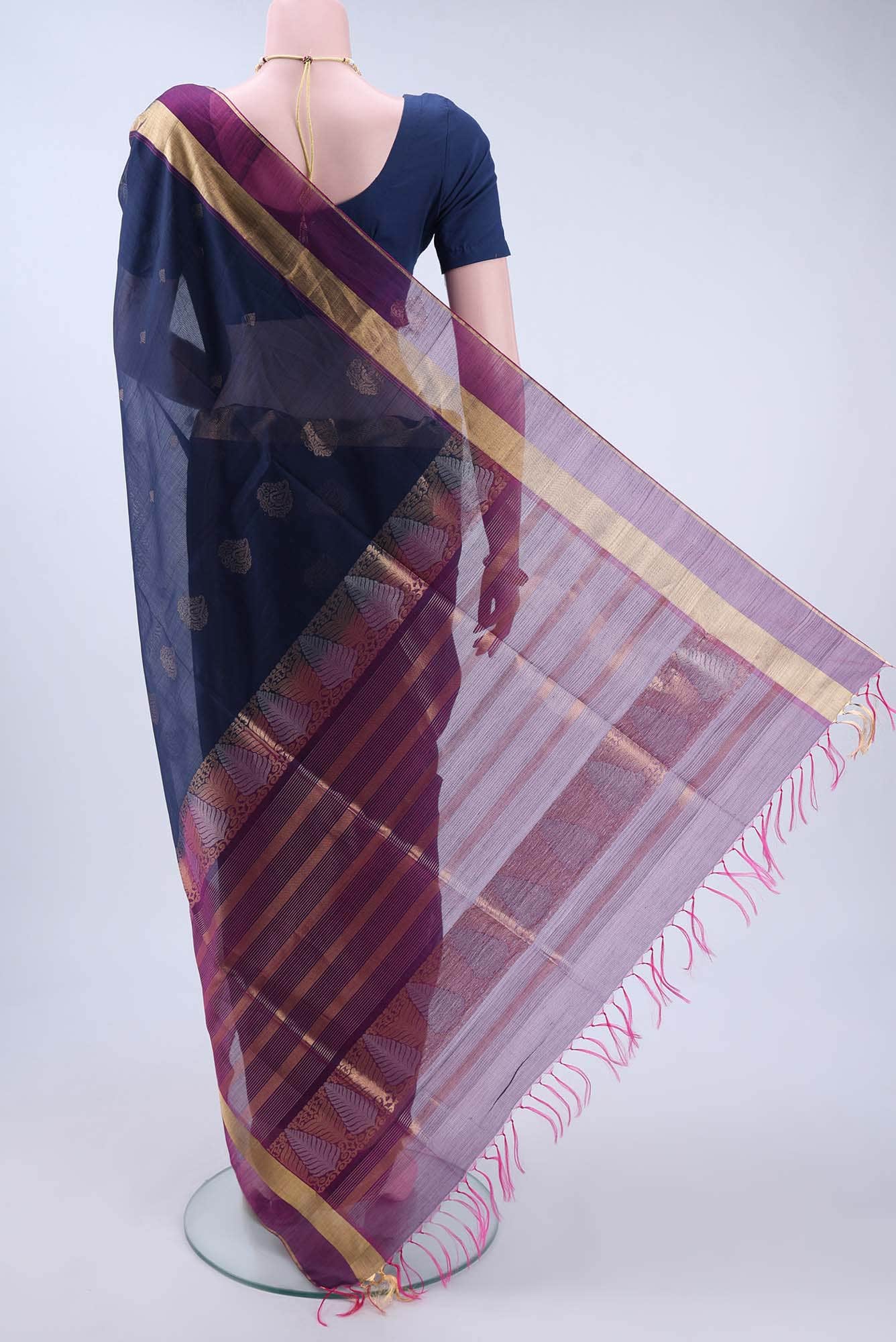 Navy Blue Kota Cotton Saree - Image 2