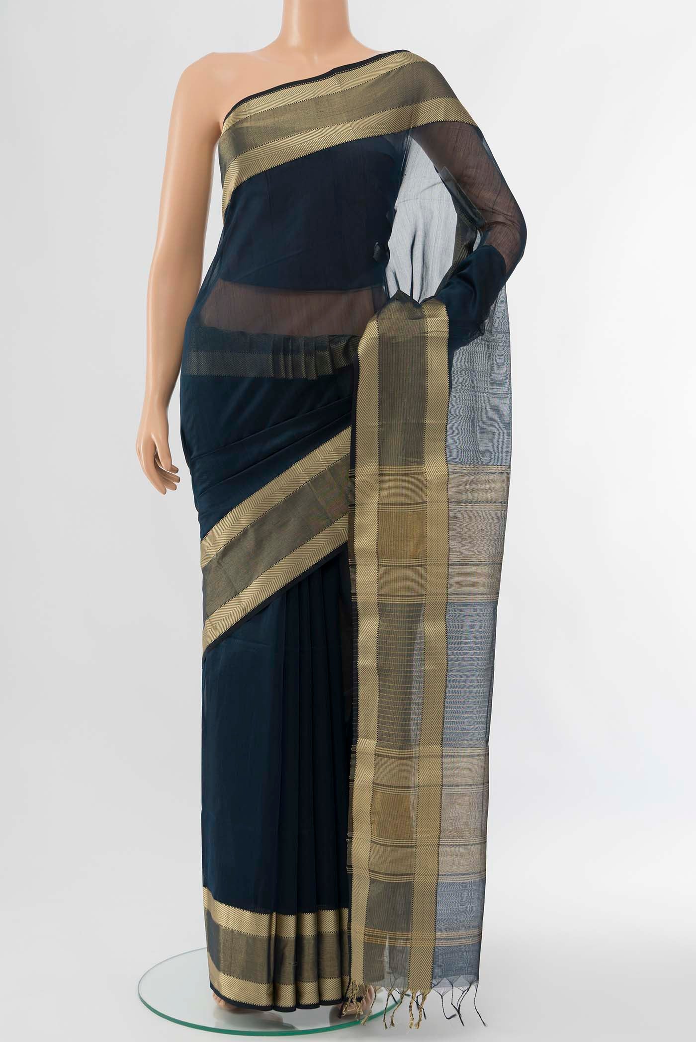 Navy Blue Maheshwari Silk Cotton Saree
