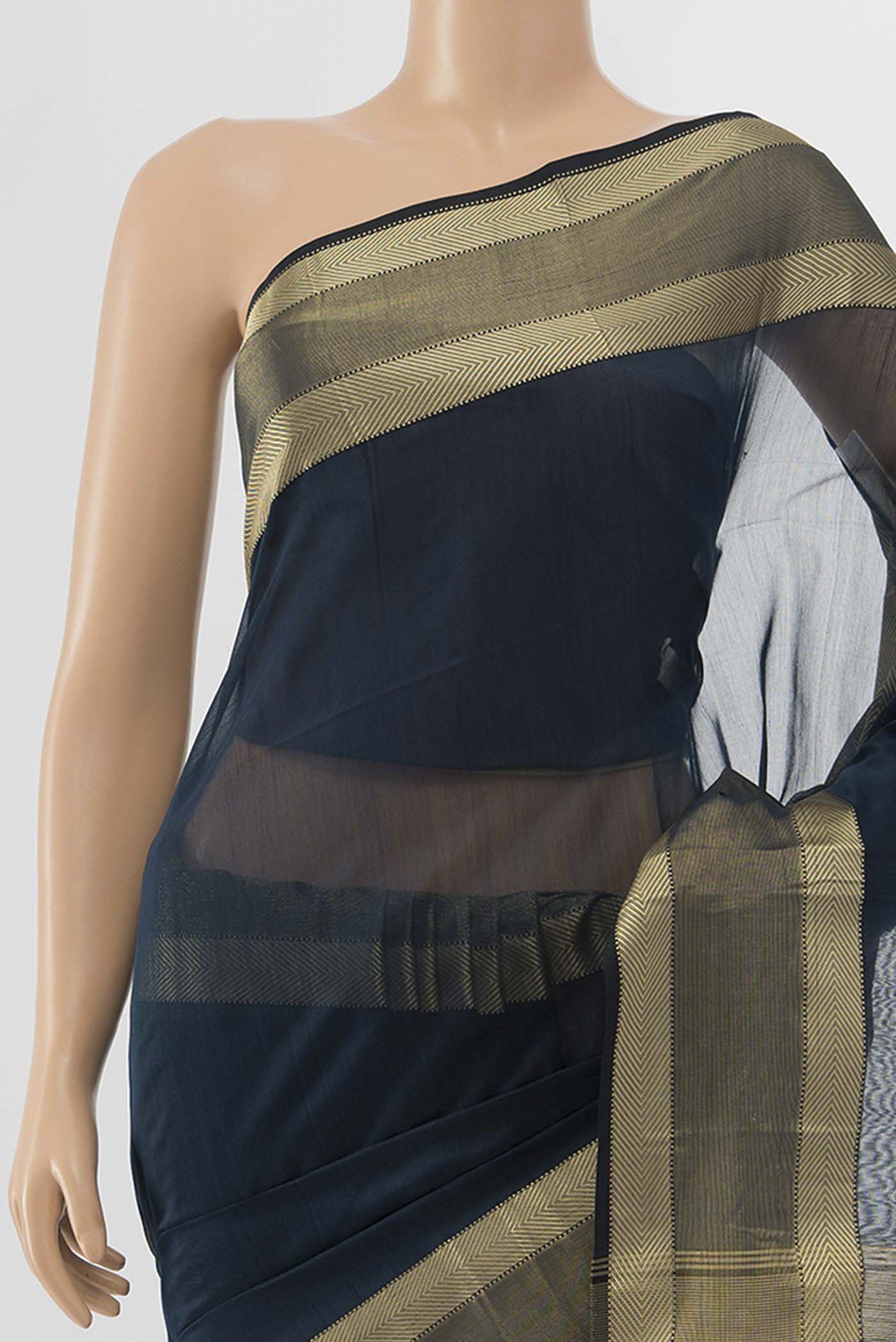 Navy Blue Maheshwari Silk Cotton Saree - Image 2