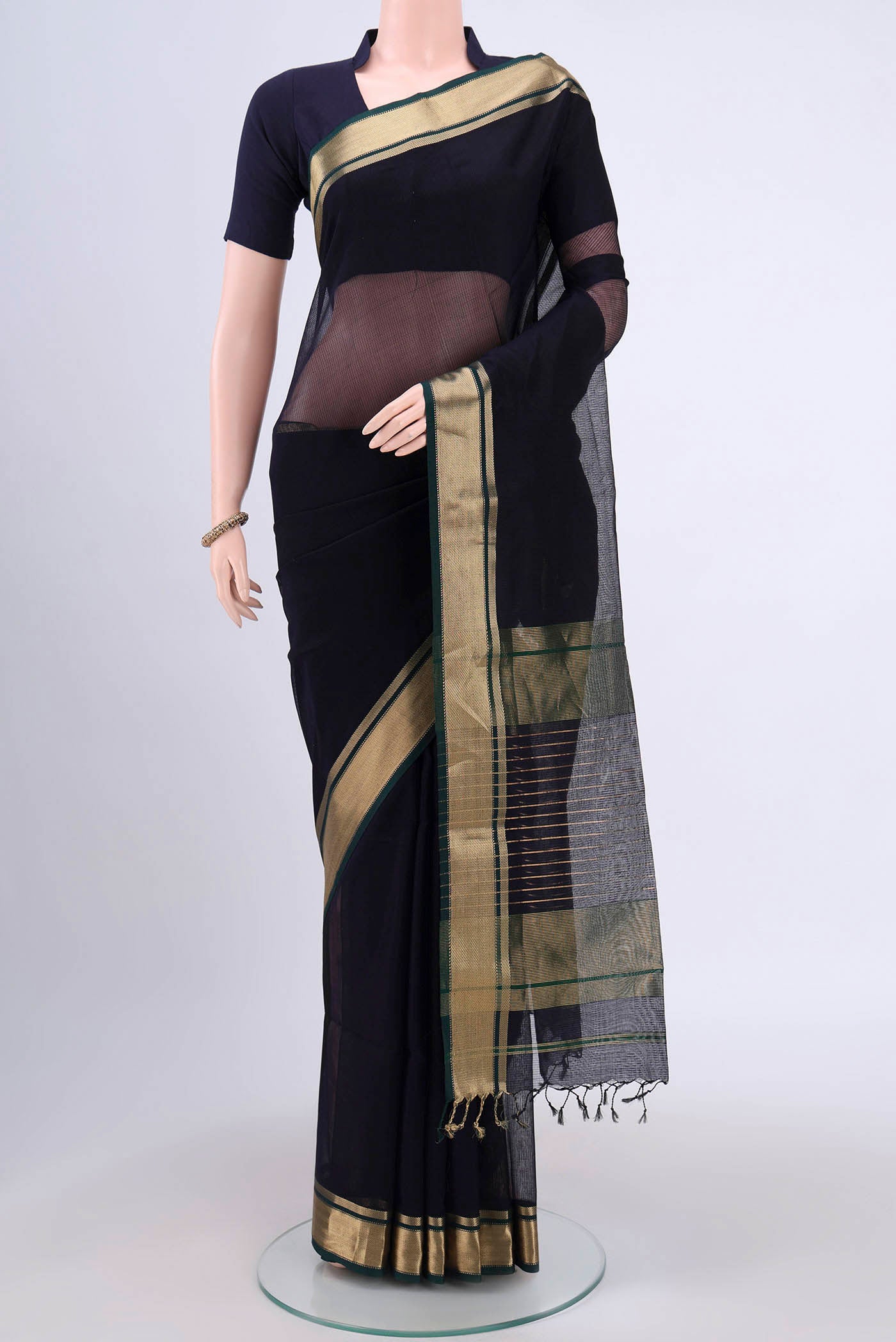 Navy Blue Maheshwari Silk Cotton Saree
