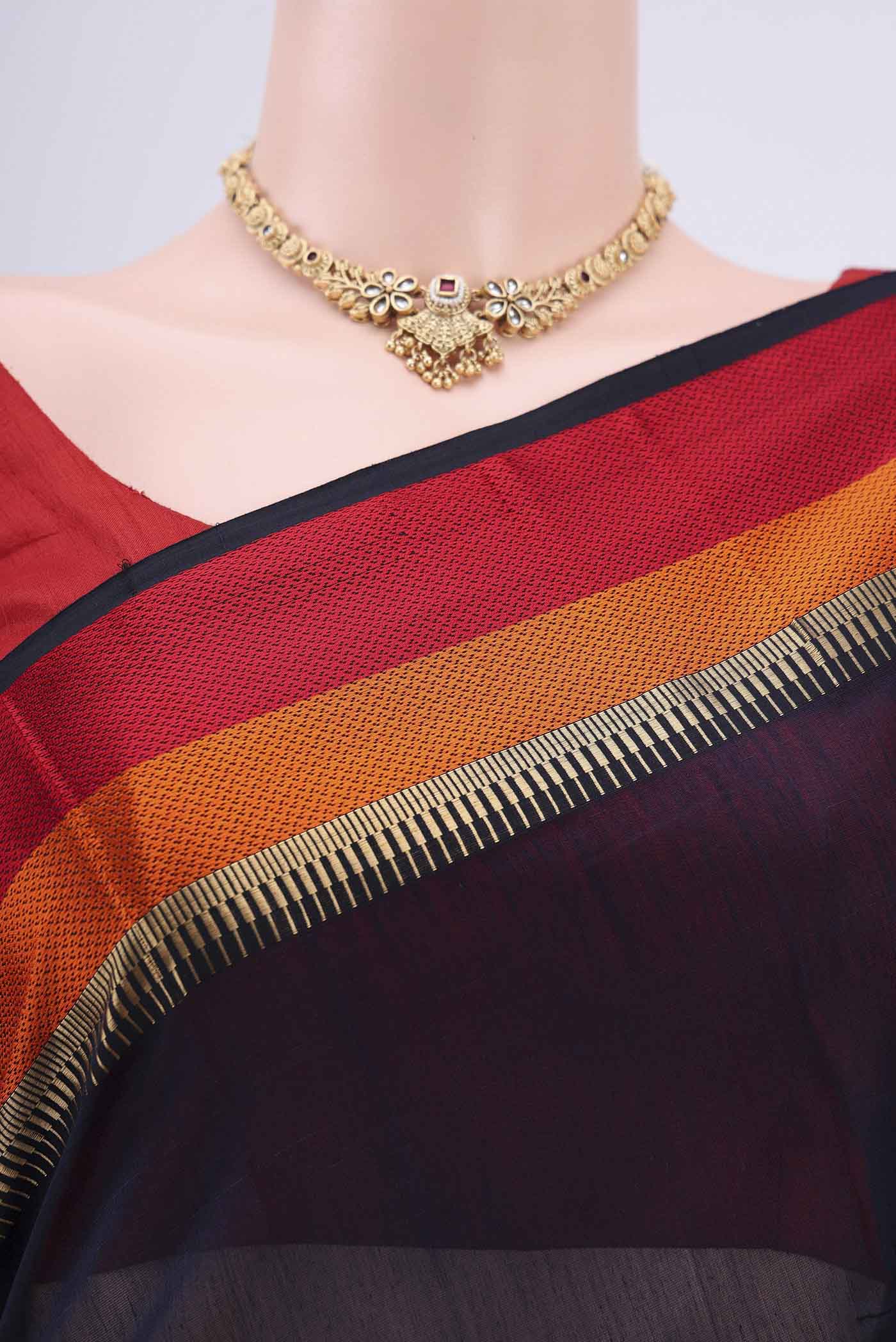 Navy Blue Maheshwari Silk Cotton Saree - Image 2