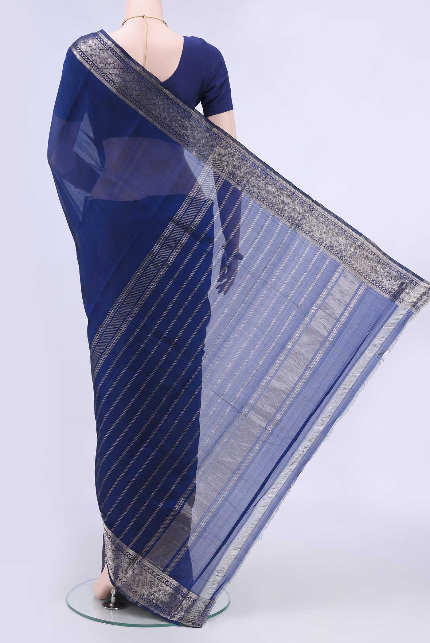 Navy Blue Mangalagiri Cotton Saree - Image 3