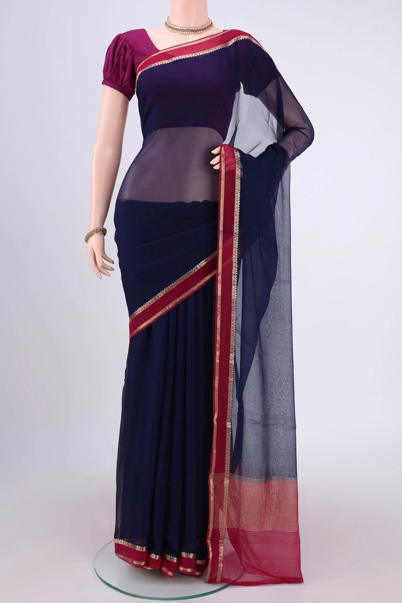 Navy Blue Mysore Chiffon Saree